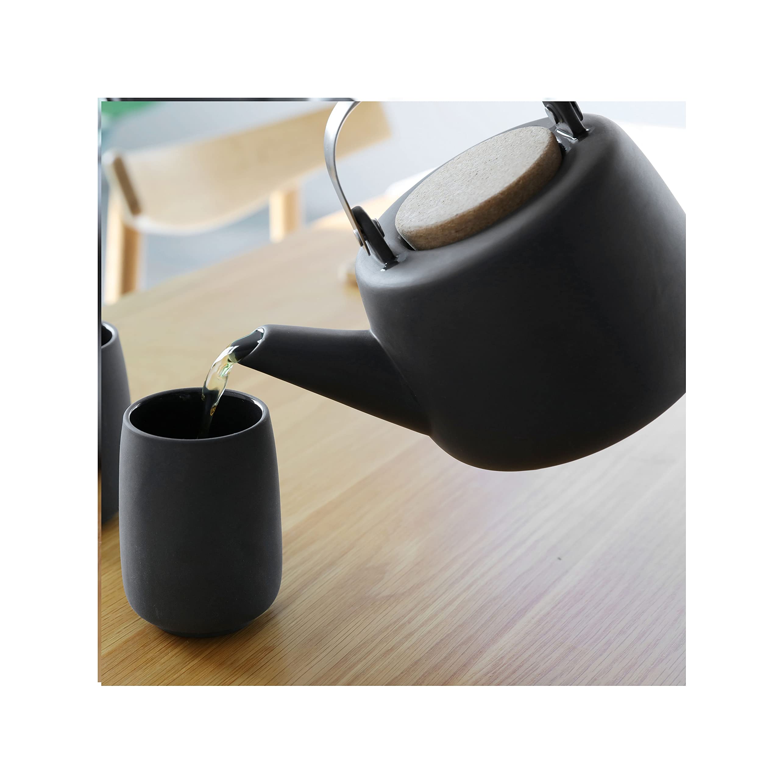 Viva Nicola Charcoal Porcelain Japanese Style Tea Pot - 40 Oz / 1.18L With Loose Leaf Tea Infuser Mesh, Stainless Steel Filter A