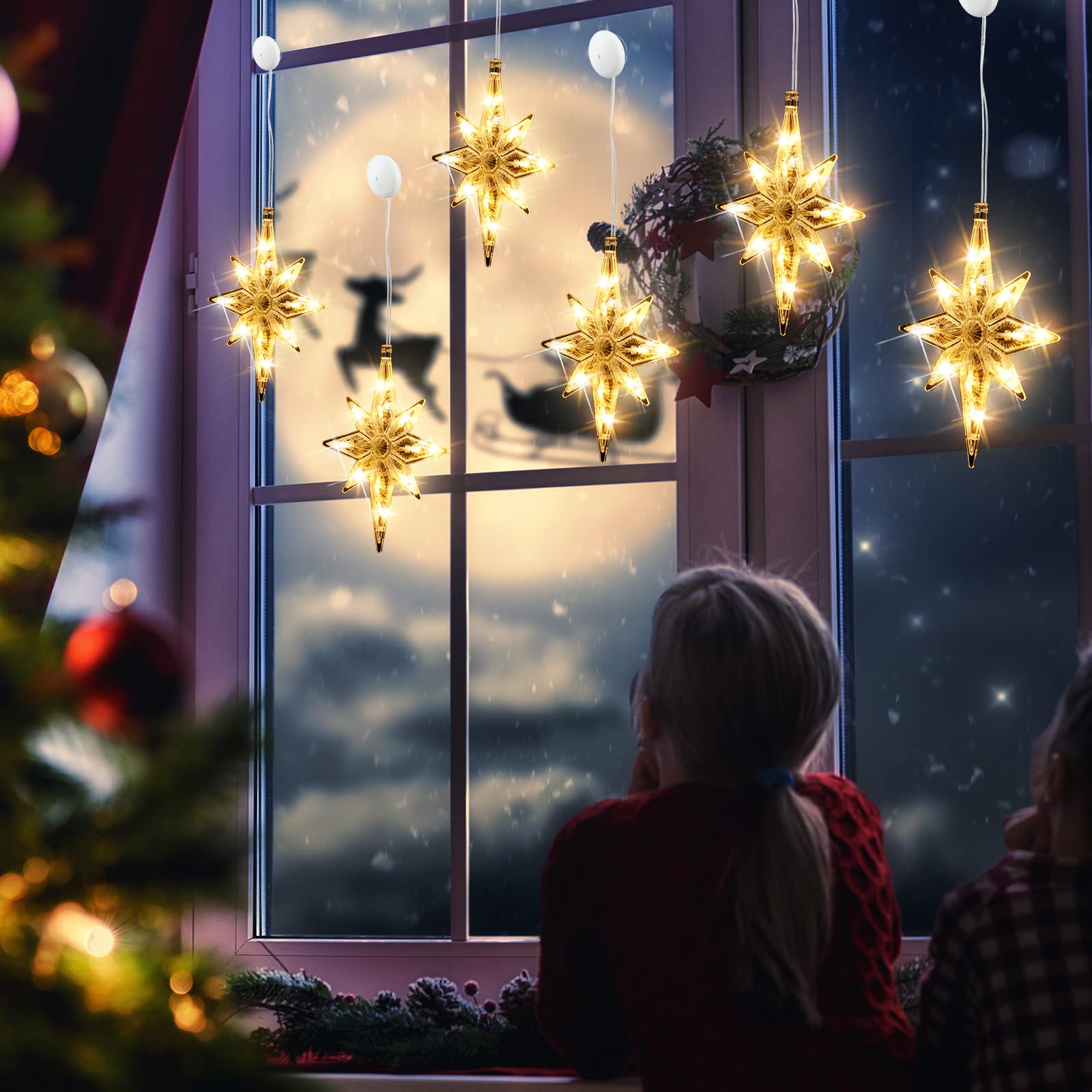 VIHOSE 6 Pcs 10.6 Inch Bethlehem Christmas Window Lights Plastic LED Lighted Christmas Window Silhouette Lights Large Hanging Xm