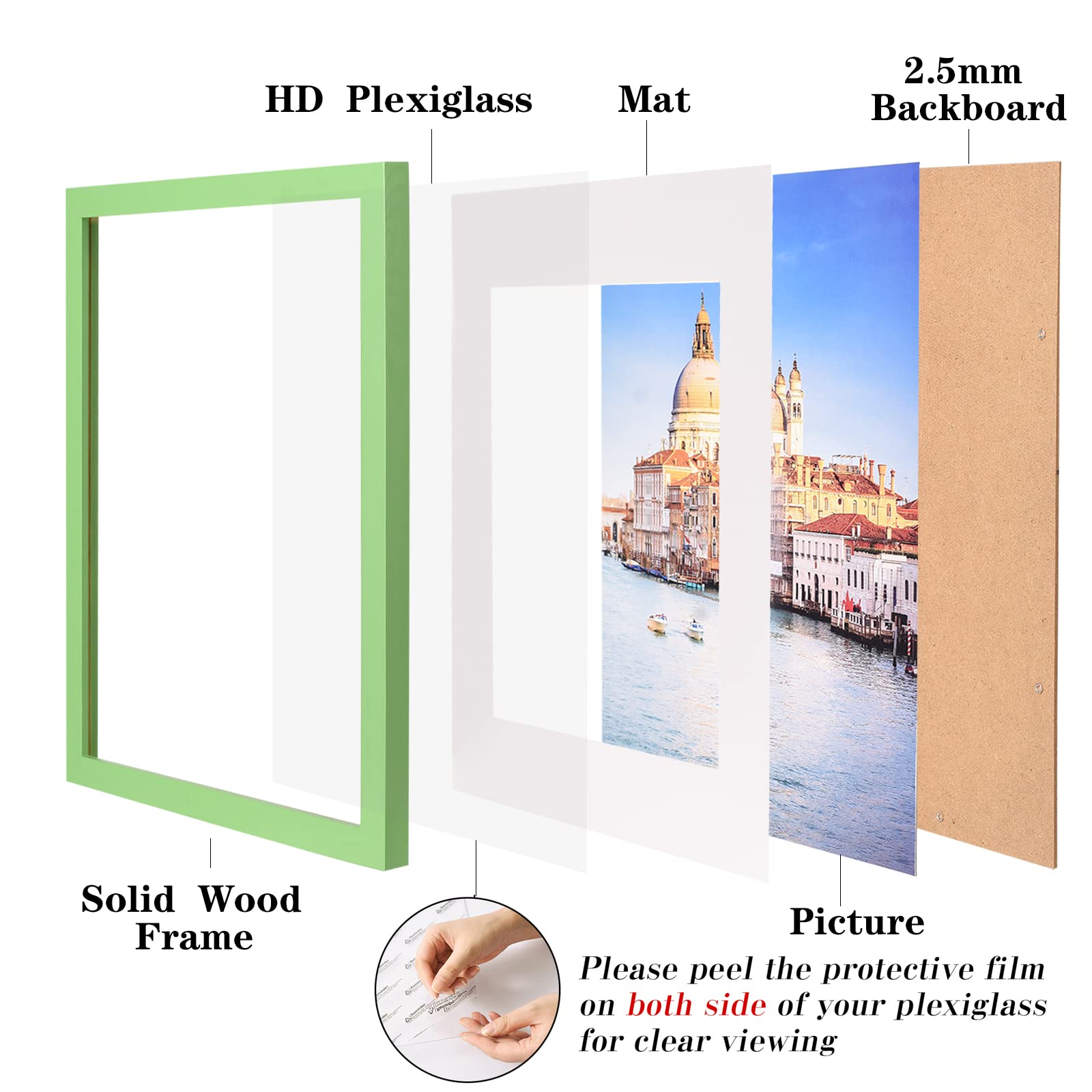 wyooxoo 8x12 Picture Frame Set of 2 Made of Solid Wood Green Photo Frames Display Pictures 6x8 with Mat or 8x12 Without Mat Colo