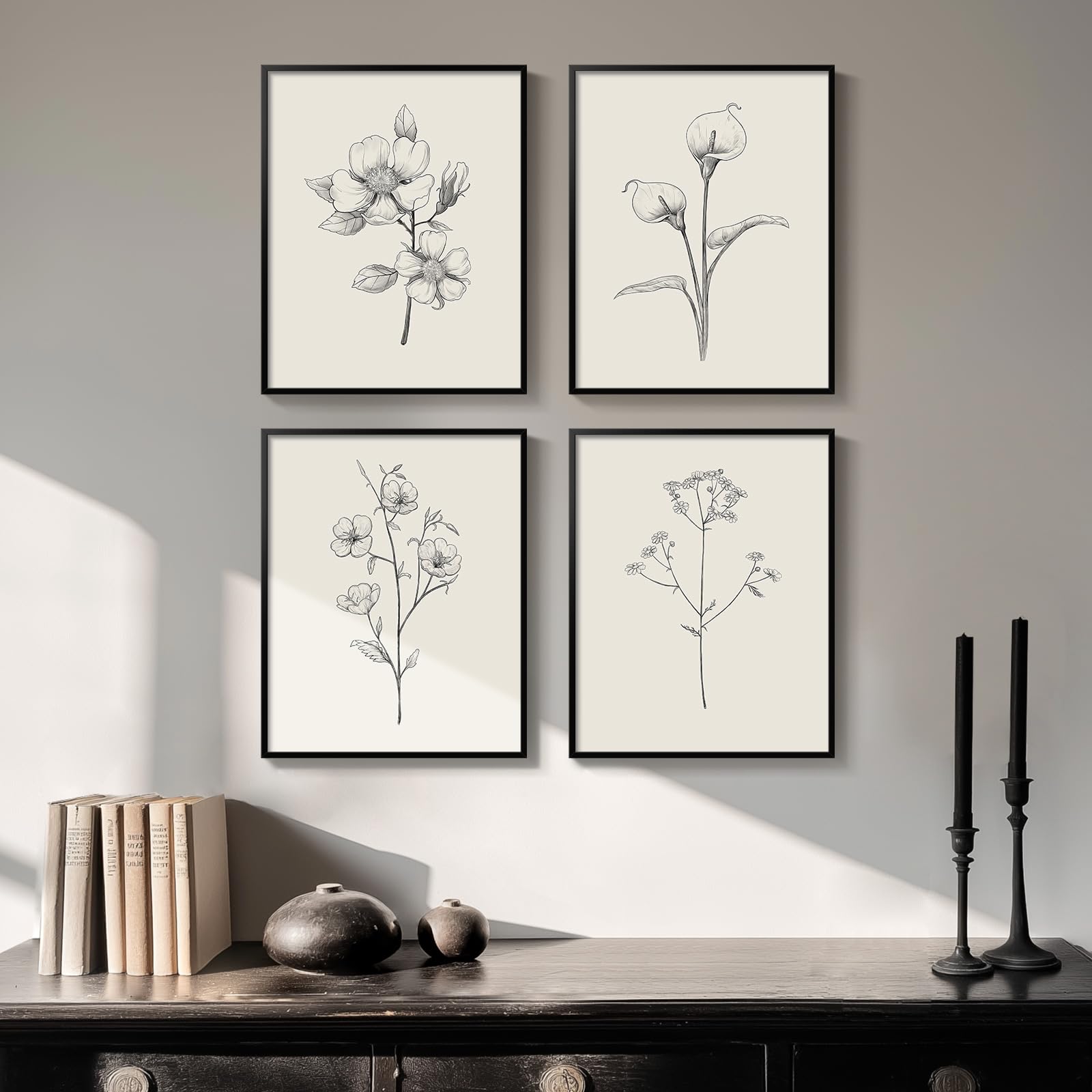 Black And White Floral Wall Art With Black Framed, Set Of 4 Rustic Canvas Paintings Prints Artwork For Walls, Minimalist Flower