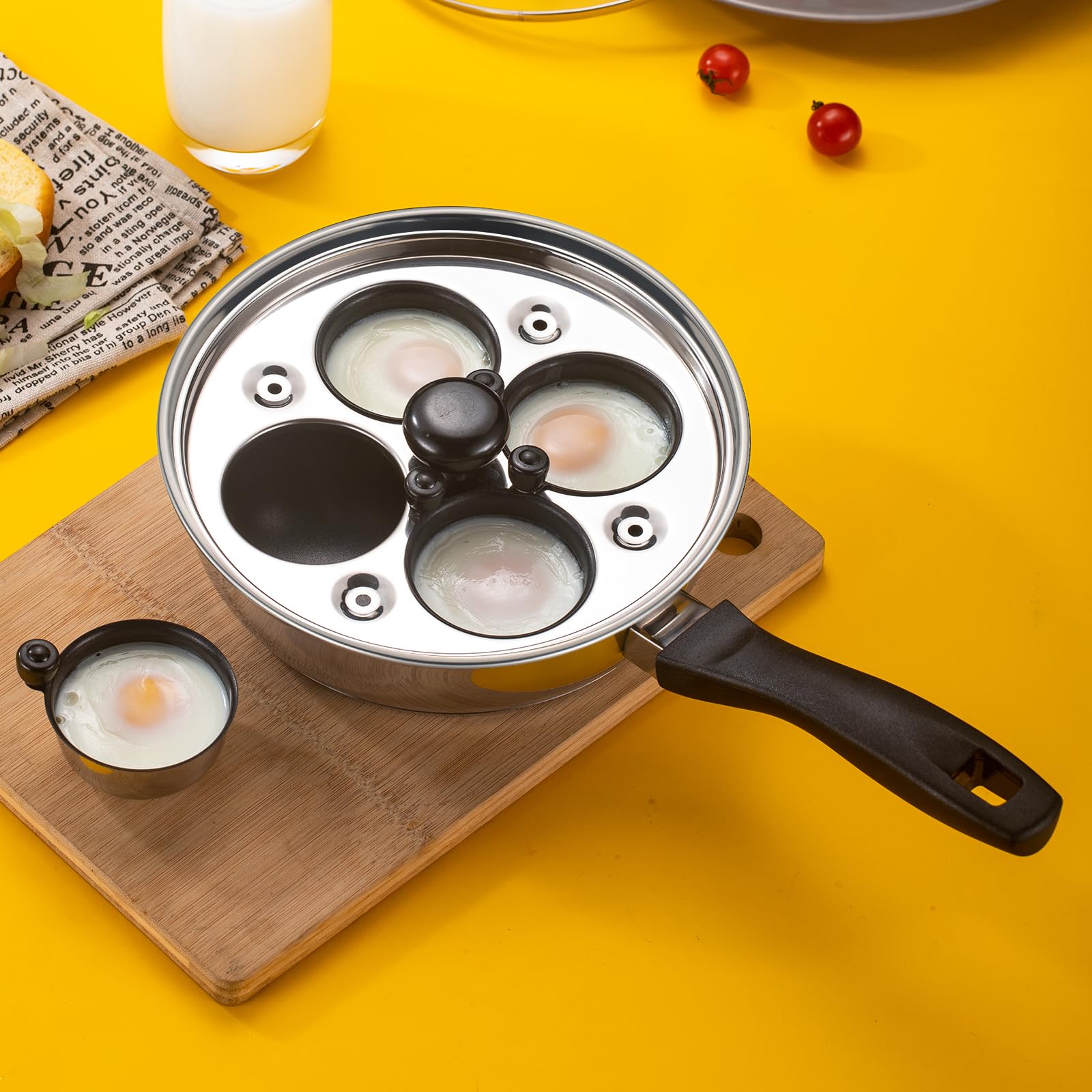 Marskitop Egg Poacher Pan Nonstick 4 Eggs, Poached Egg Pan Stainless Steel Poached Egg Cooker, Egg Poaching Pan Pfoa Free, Poach