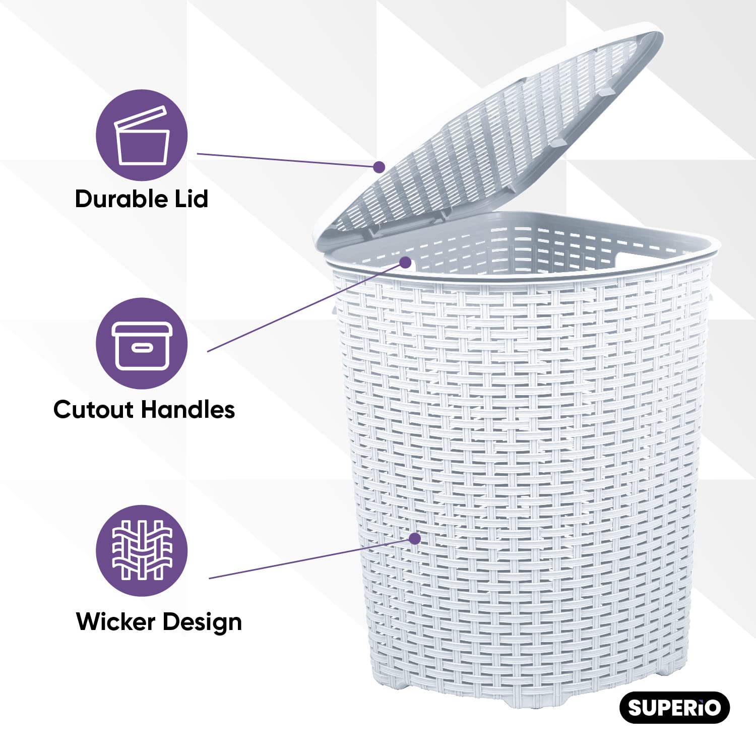 Designed Corner Laundry Hamper With Lid, Curved Plastic Laundry Basket, Triangle White Cloths Hamper Organizer With Cut-Out Hand