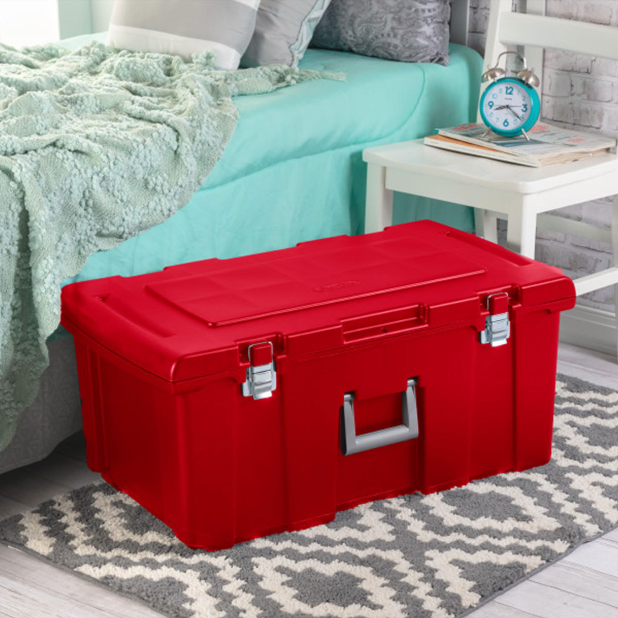 Sterilite 23 Gallon Lockable Storage Tote Footlocker Toolbox Container Box W/Wheels, Handles, Metal Hinges, & Latches, Infra Red