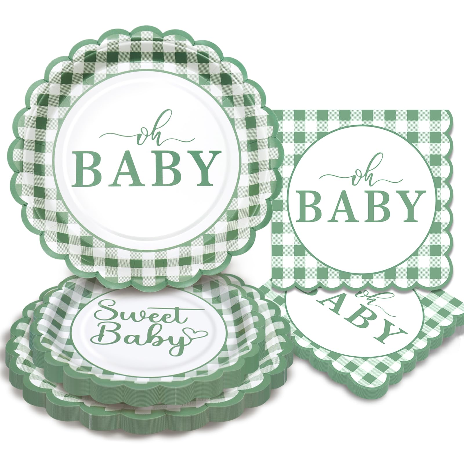 Gudvilla 75 Pcs Sage Green Baby Shower Plates and Napkins Party Supplies, Sage Green Baby Shower Decorations, Gingham Paper Plat
