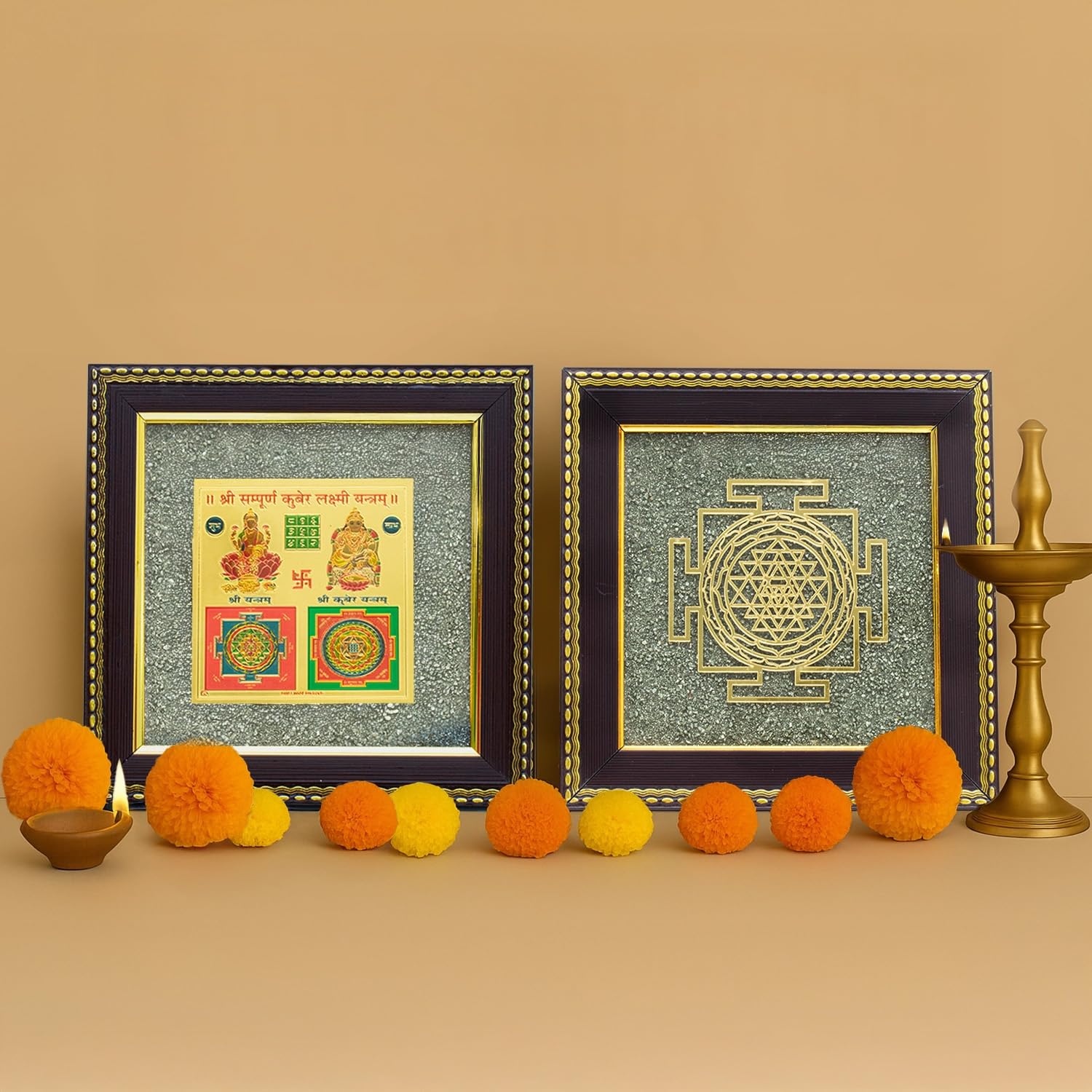 Astrotalk Ghar Samriddhi Combo | Shree Yantra & Lakshmi Kuber Yantra | Pyrite Stone Frame for Money & Success | Home Decor vastu Items for Home & Office | Gift for Man & Woman | 19x19x1 cm | 2 Piece
