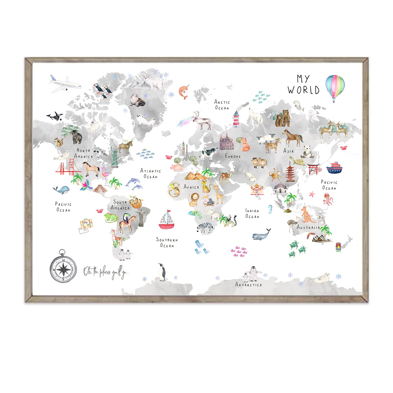 Joocrise Grey Kids World Map Wall Art Animal Map Canvas Wall Art Educational Wall Art Nursery Wall Decor World Map Poster Playro