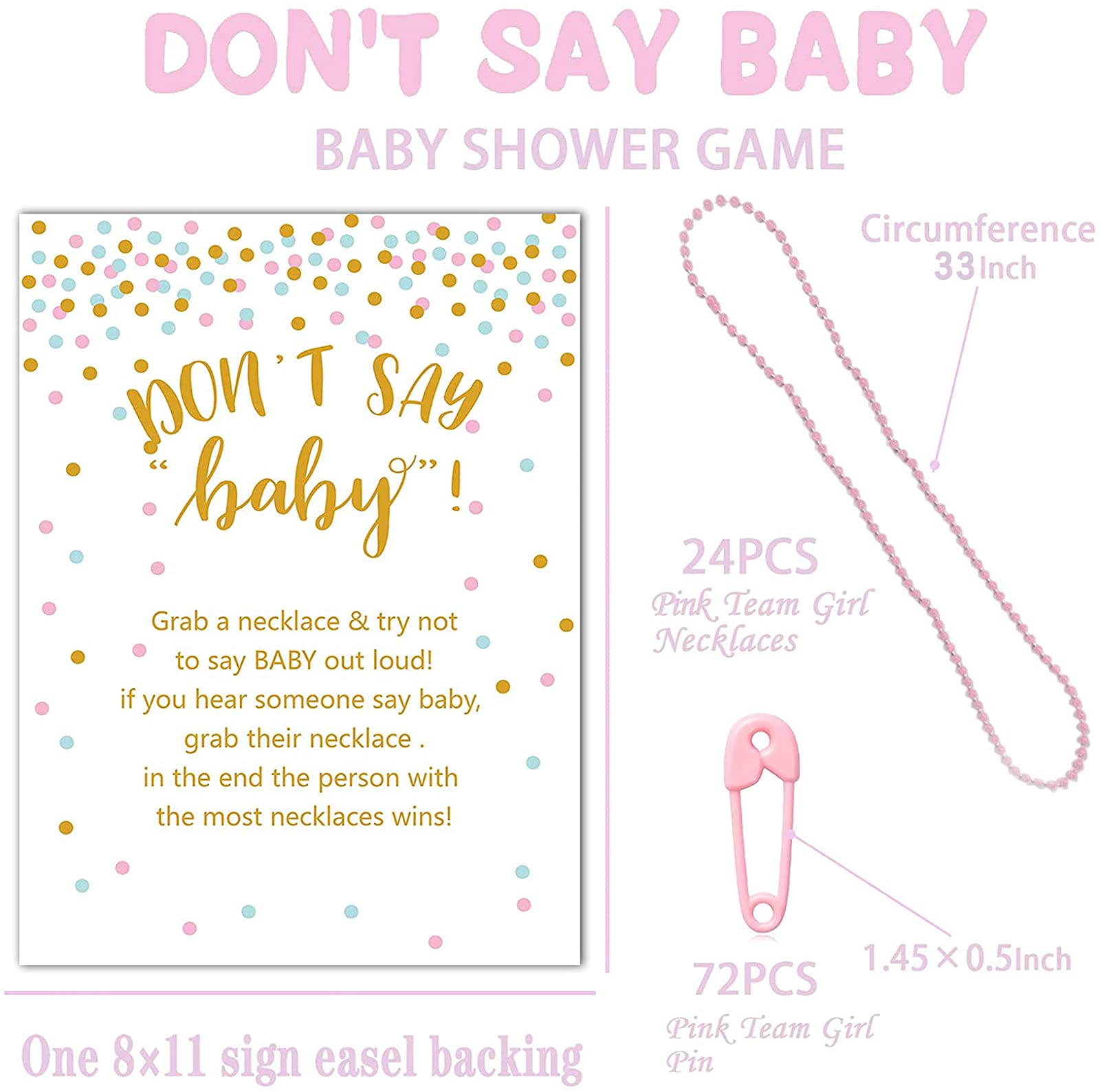 Zjjzgyxintai Baby Shower Games For Girl, Including 1 Dont Say Baby Sign And 24Pcs Pink Beaded Necklace 72Pcs Pink Mini Pin