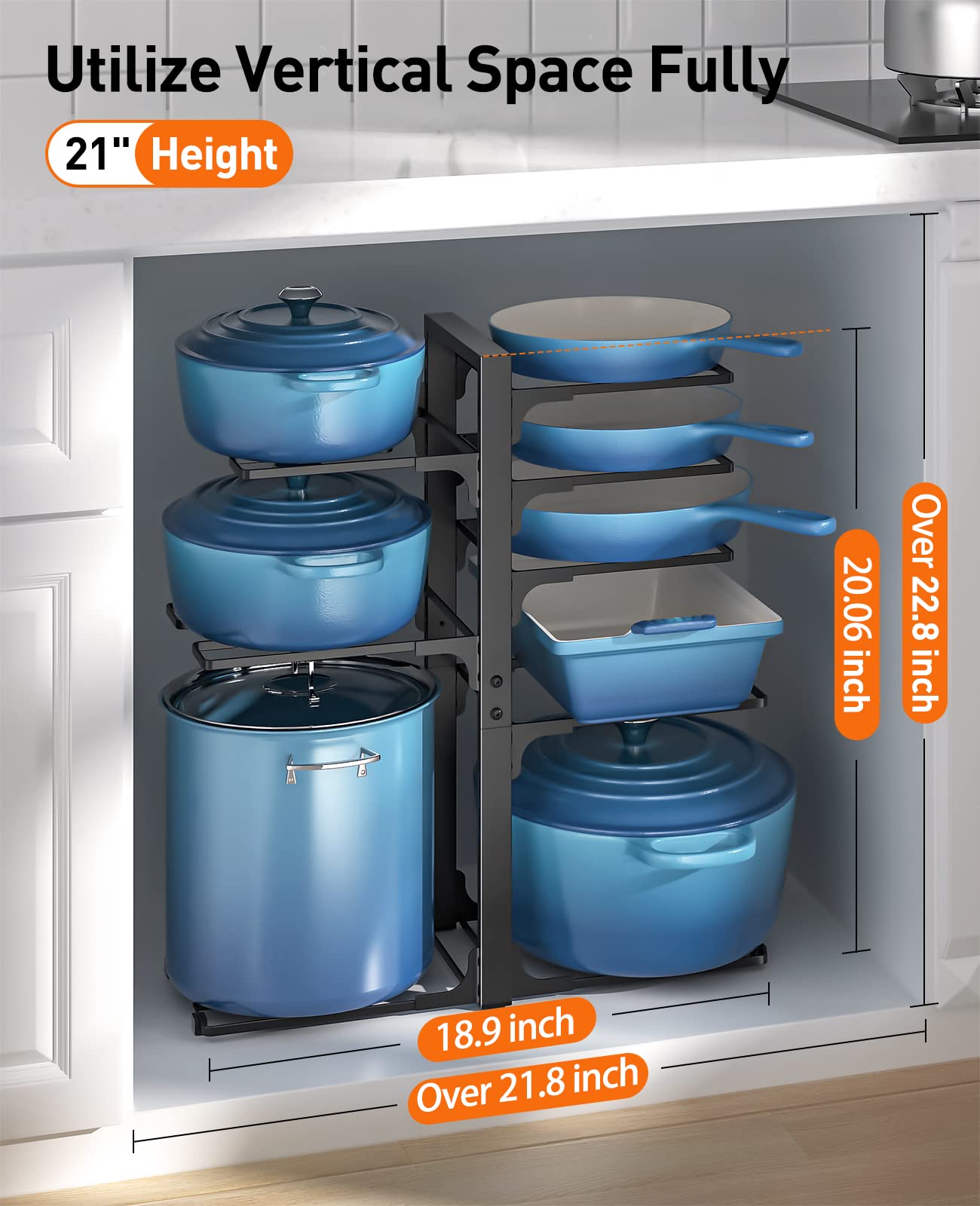 Ordora Pots And Pans Organizer: Under Cabinet, 21'' Height Heavy Duty 120Lbs Pots Pans Organizer Rack For Under Cabinet 8-Tier A