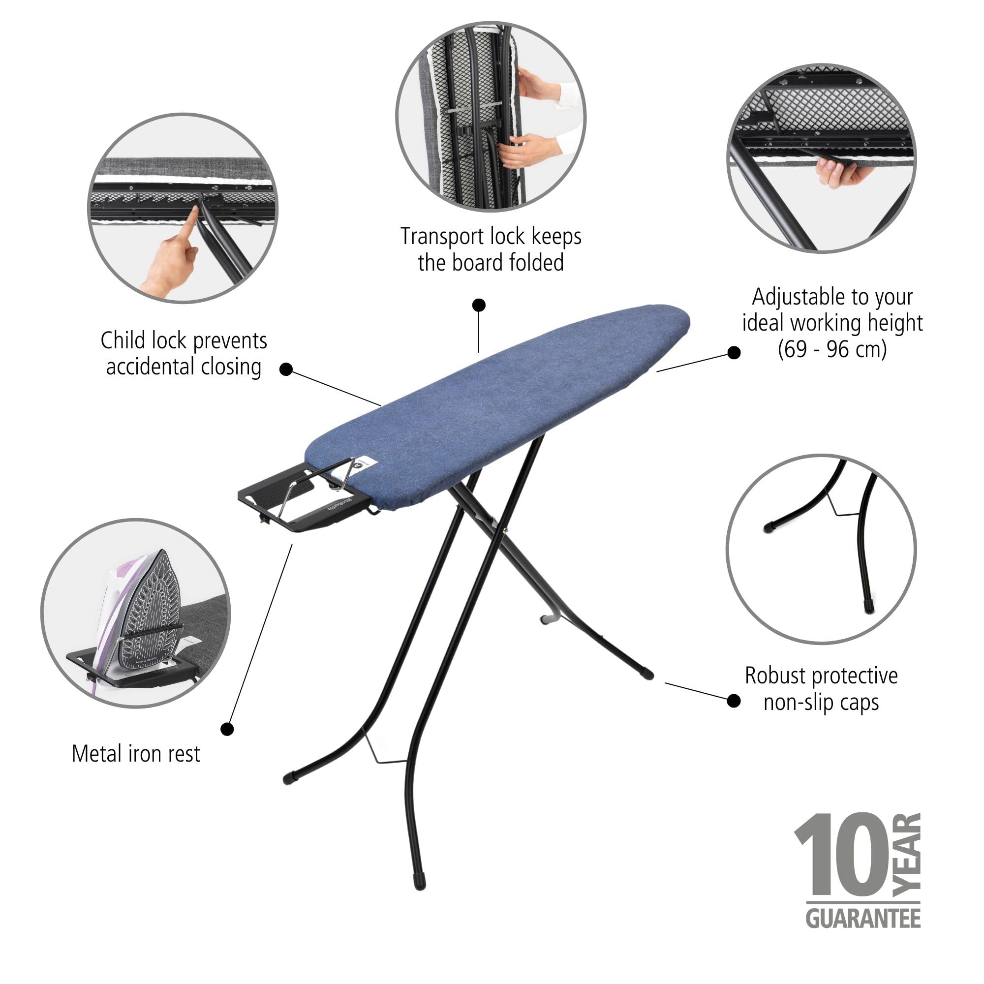 Brabantia Size A Compact Small Ironing Board (43X12 In) 7 Height Options, Adjustable Steam Iron Rest Holder (Denim Blue) Non-Sli