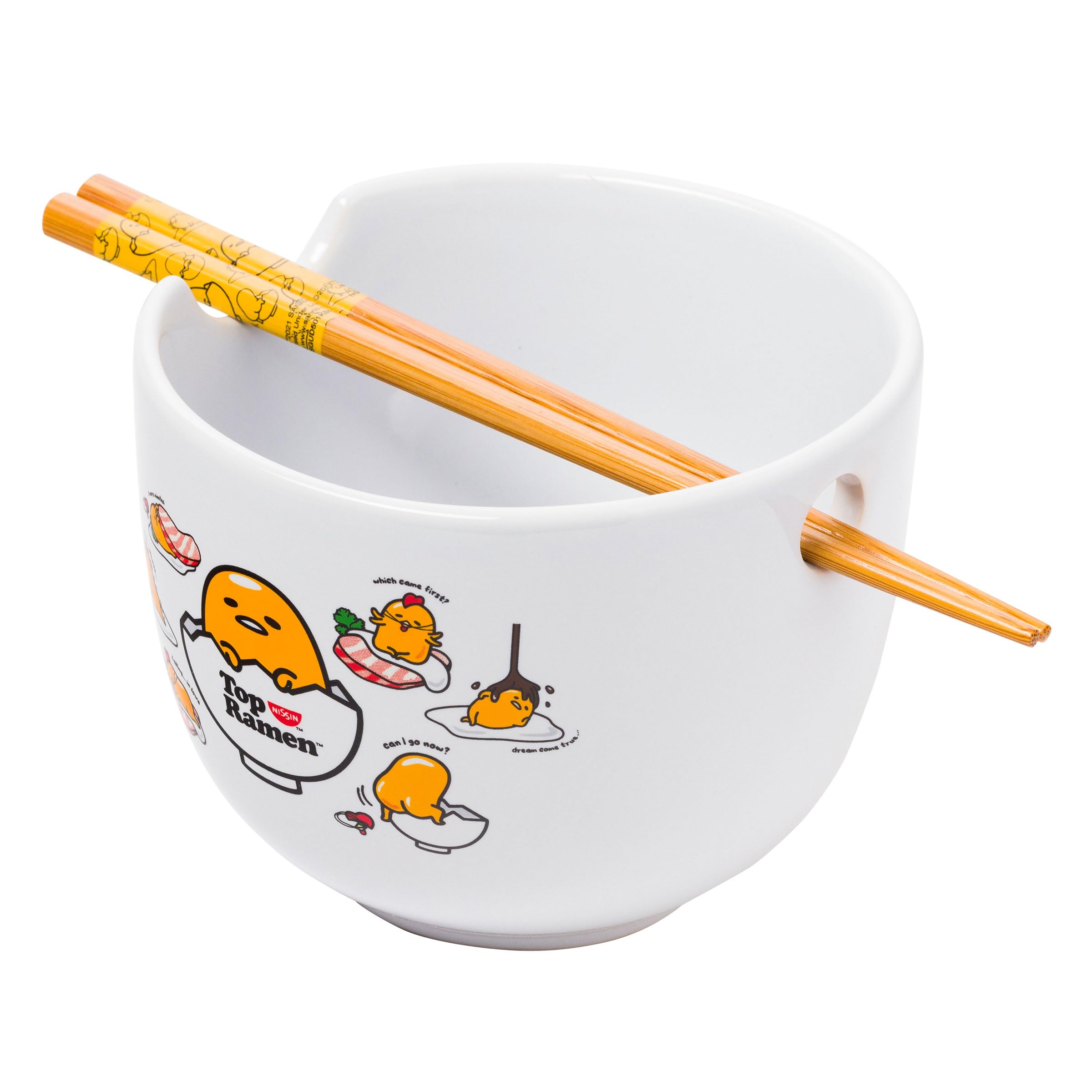 Silver Buffalo Sanrio Gudetama Lazy Egg Poses Top Ramen Nissin Top Ramen Ceramic Ramen Noodle Rice Bowl with Chopsticks, Microwa