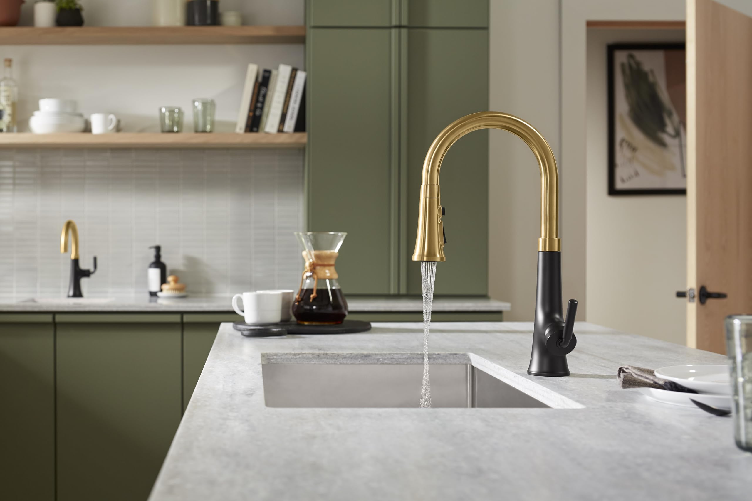 Kohler 23766-Bmb Tone Kitchen Sink Faucet, Matte Black With Moderne Brass