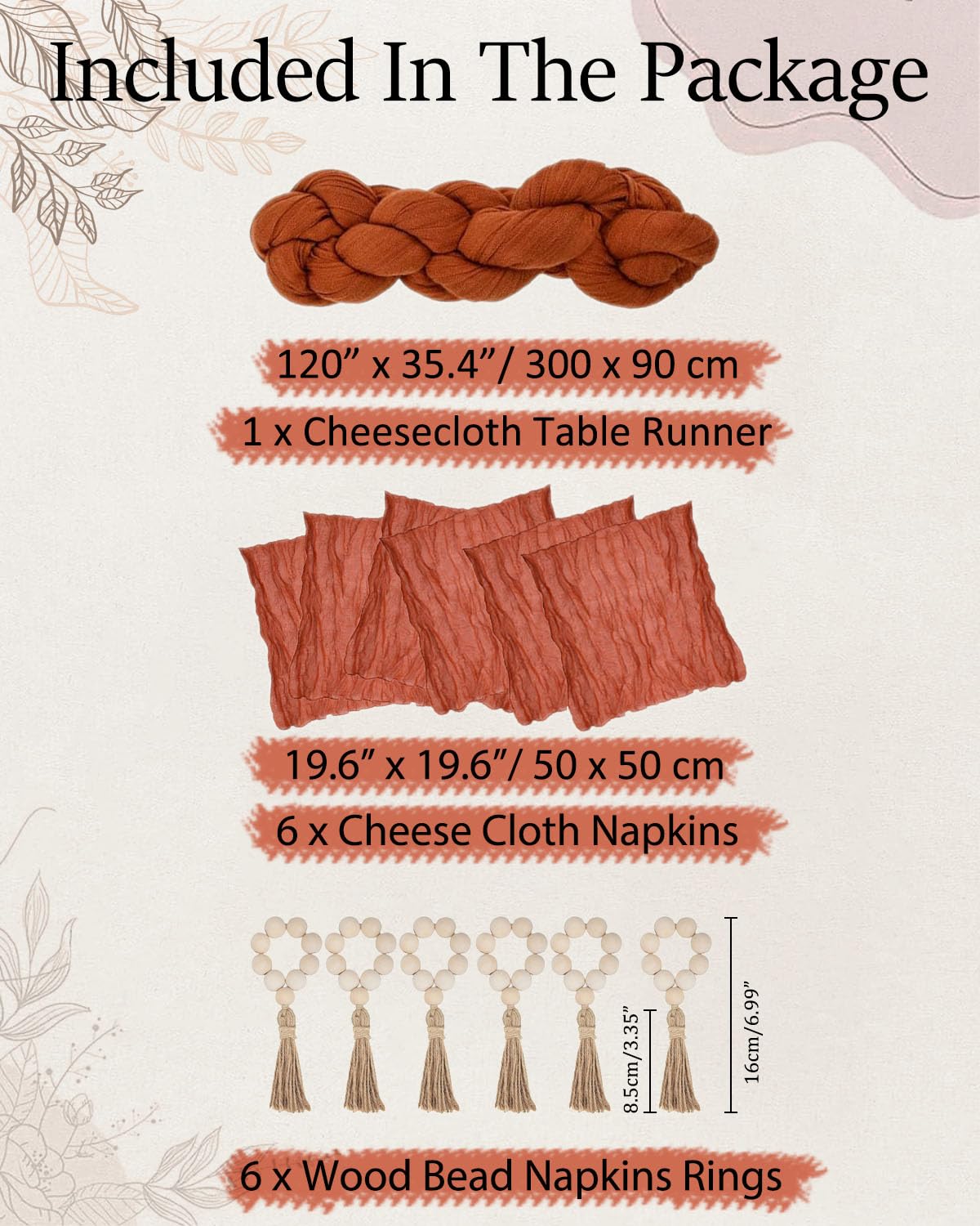 Fusenyuan Terracotta Cheesecloth Table Runner 10Ft +6 Napkins +6 Wood Bead Tassel Napkin Rings (120'' X 35'' ) Rustic Gauze Shee