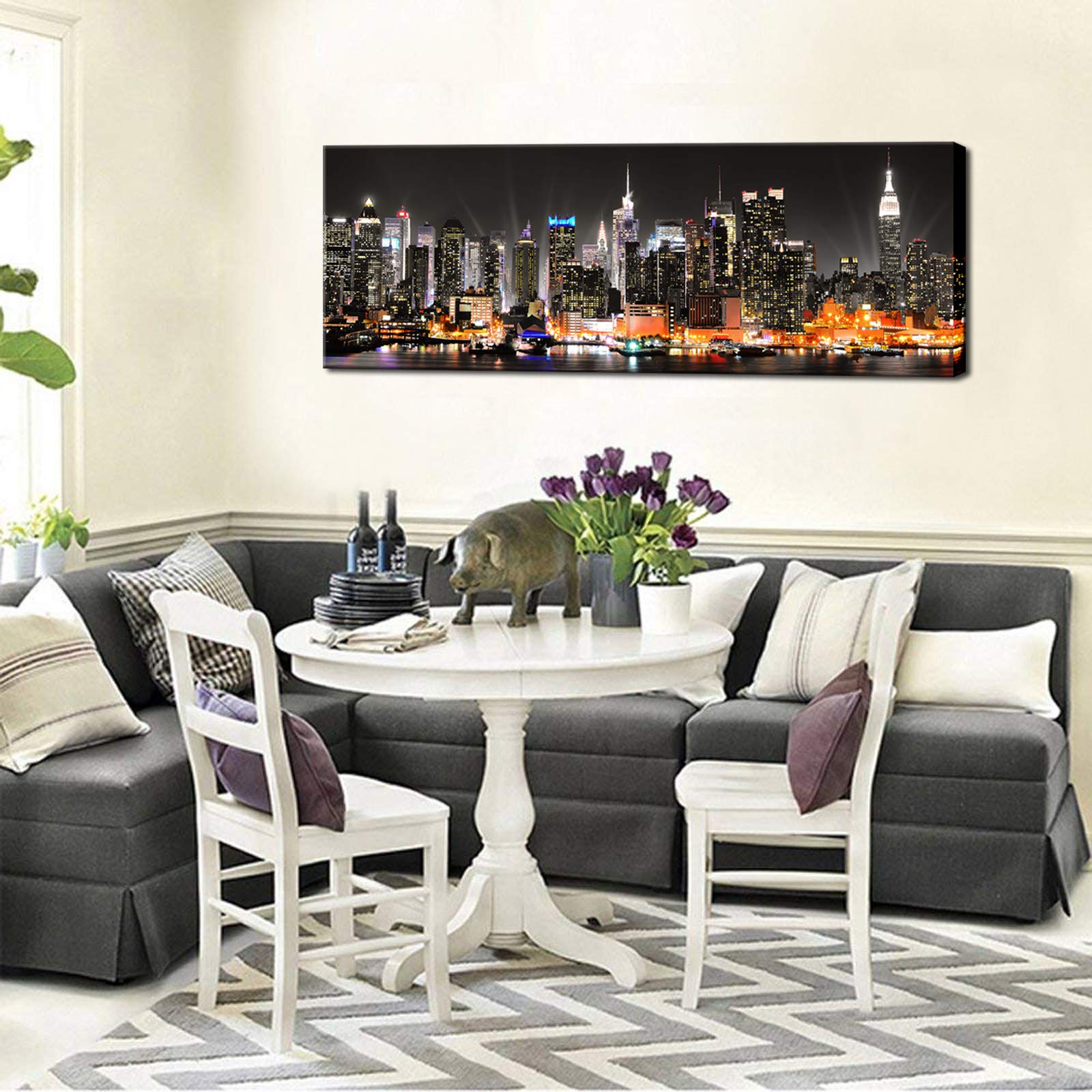 Biuteawal New York City Canvas Wall Art Manhattan Skyline at Night Picture Prints Framed NYC Skyline Landscape Artwork Modern Canvas Print Art for Home Office Living Room Decor