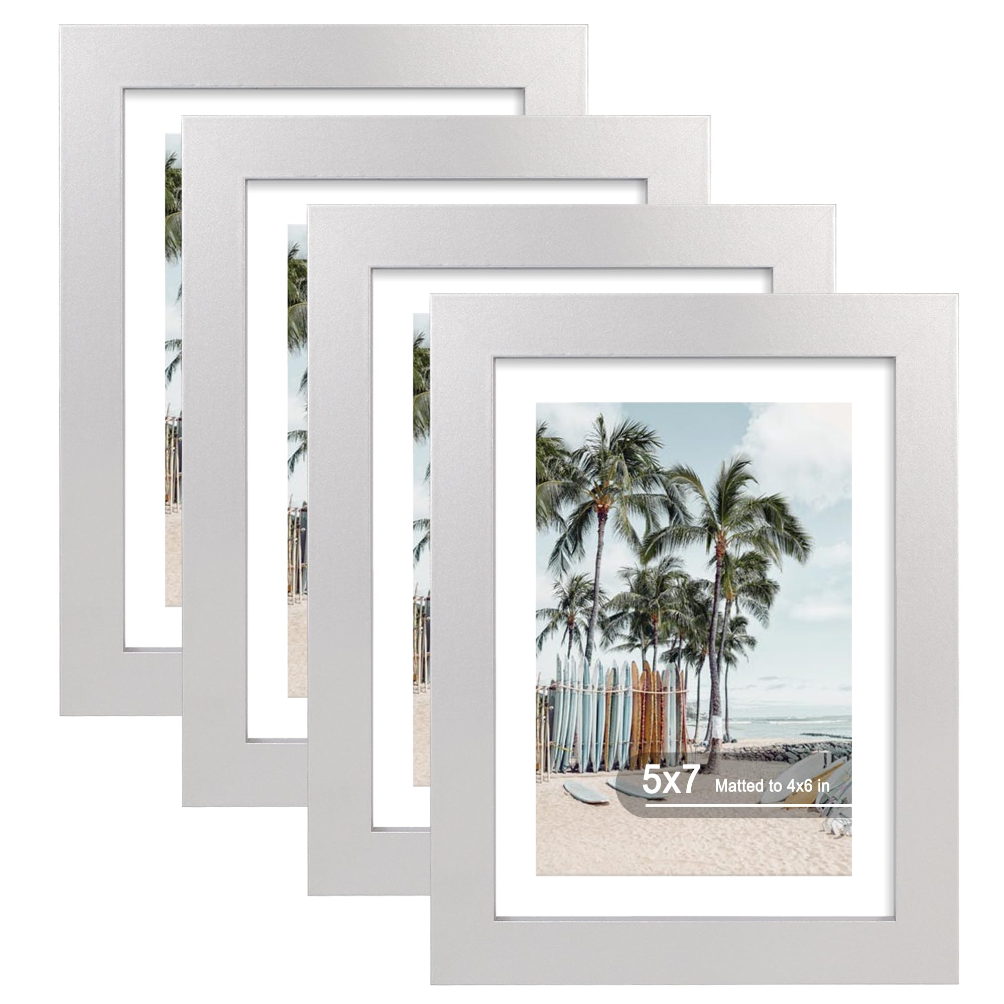 Hongkee 5x7 Picture Frame (4 Pack, Silver) Made of Real Glass and Wooden Frame - Display Pictures 4x6 with Mat or 5x7 Without Ma