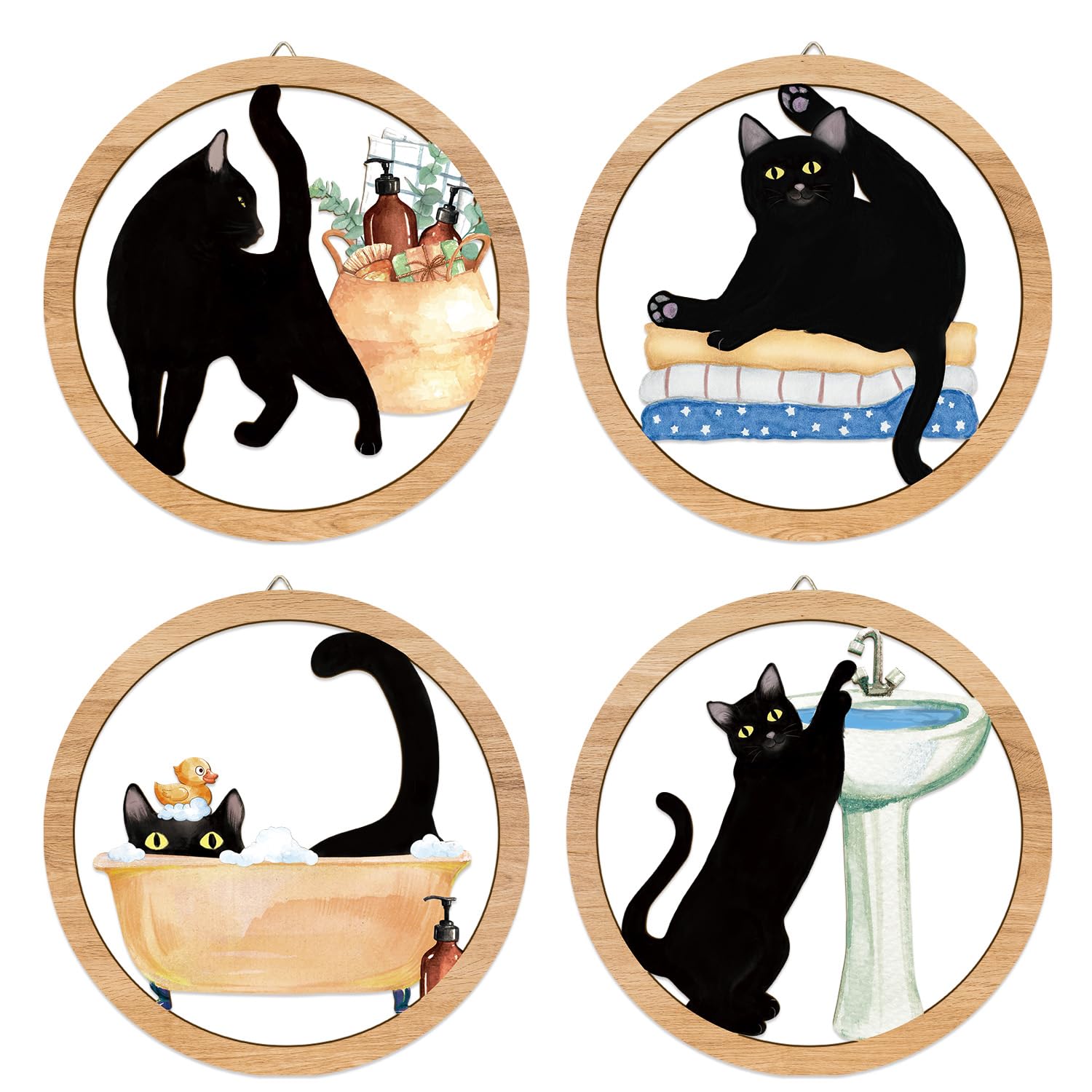 HPNIUB Funny Bathrooms Wall Decor, Black Cats In the Bath Wood Sign, 4 Pieces 10    x10     Farmhouse Wooden Hanging Sign for To
