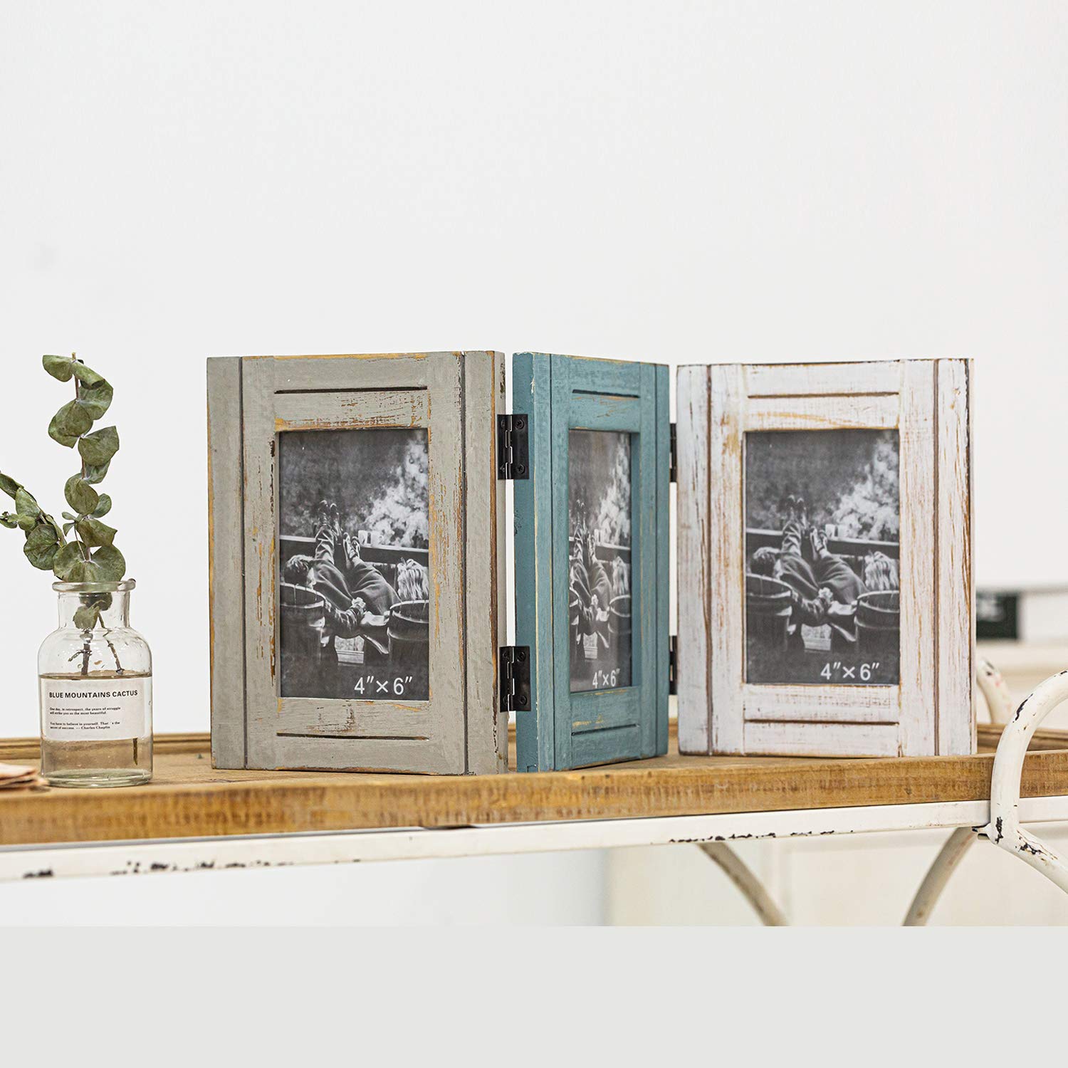 RiteSune Rustic Picture Frame 3 Folding 5X7 Triple Hinged Photo Frame Collage for Home Office Desk, Present for Christmas, New Y