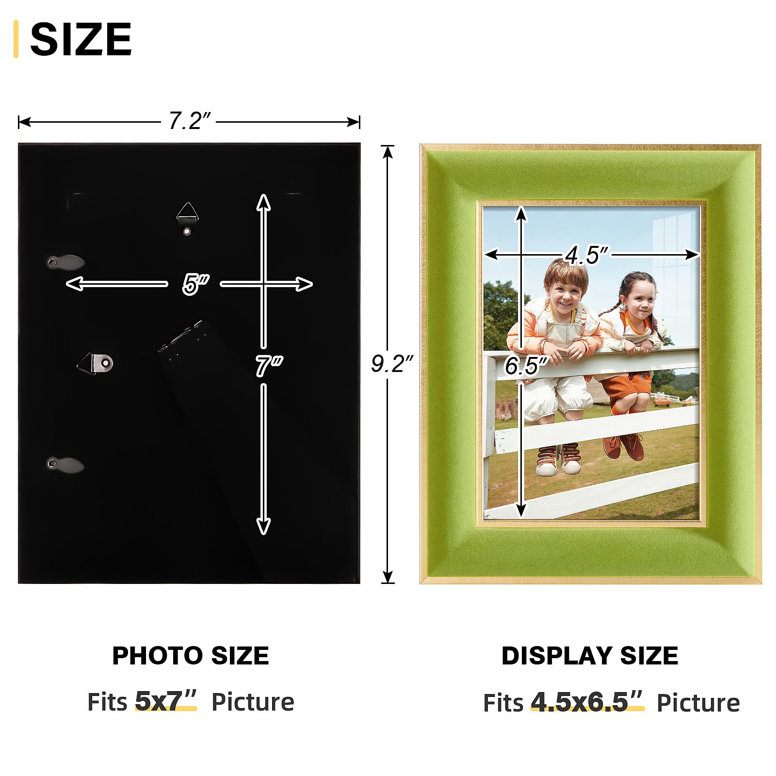 KSROECUD 5x7 Velvet Picture Frame, Light Green Photo Frames with Modern Simple Metallic Gold Border, HD Real Glass Horizontal &