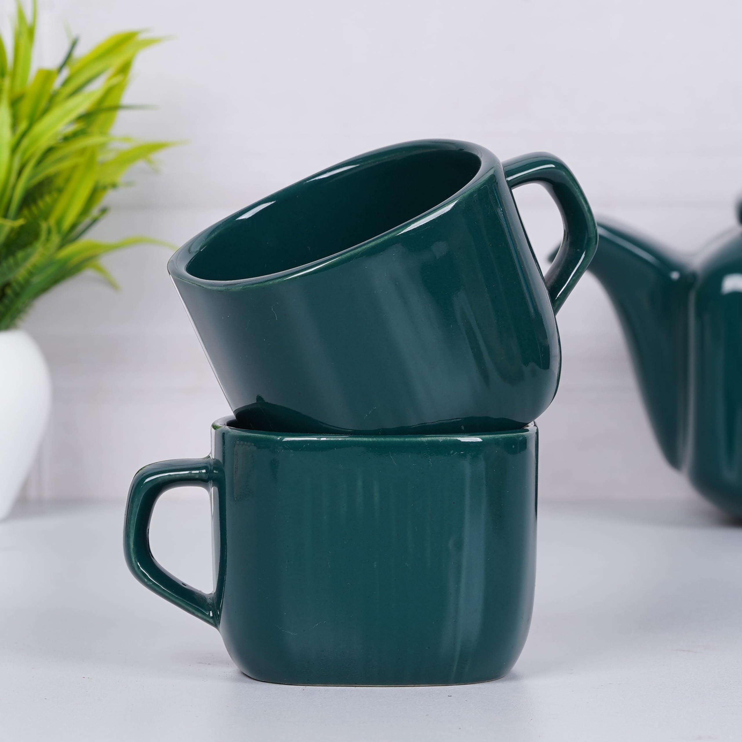 Data Ceramic Zen Coffee Mugs In Dark Green, Set Of 6, 199 Ml, 199 Ml