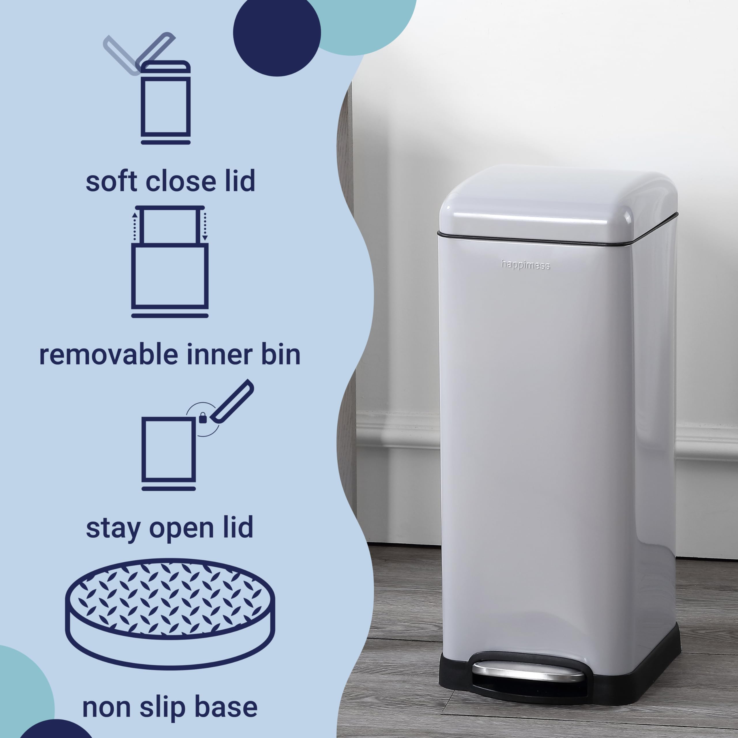 happimess HPM1007C Betty Retro 8-Gallon Step-Open Trash Can with Soft-Close Lid  Fingerprint Resistant  Modern  Minimalistic for Home  Kitchen  Laundry Room  Office  Bedroom  Bathroom  Gray