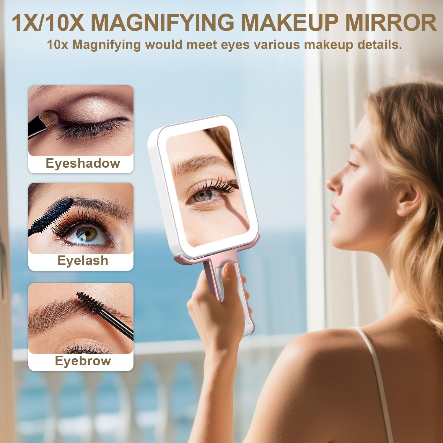Mocado Travel Makeup Mirror With Lights,10X/1X Magnifying Mirror With Light, Double Sided Travel Mirror With 3 Color Light,Dimma