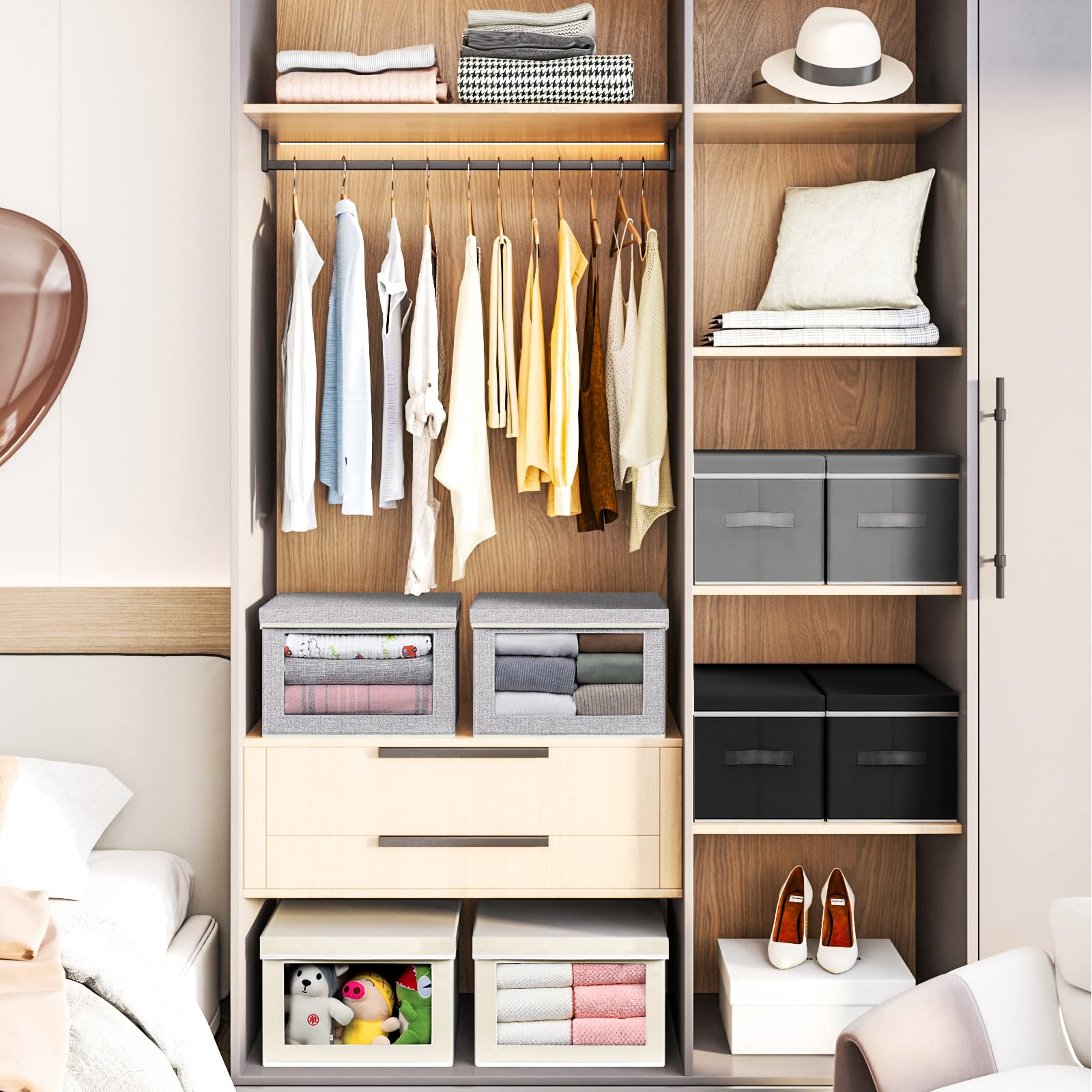 homsorout Fabric Storage Bins with Lids  4 Pack Storage Bins for Shelves  Closet Storage Baksets with Handles  Collapsible Storage Cubes with Window  Decorative Storage Boxes for Toys  Clothes  Beige