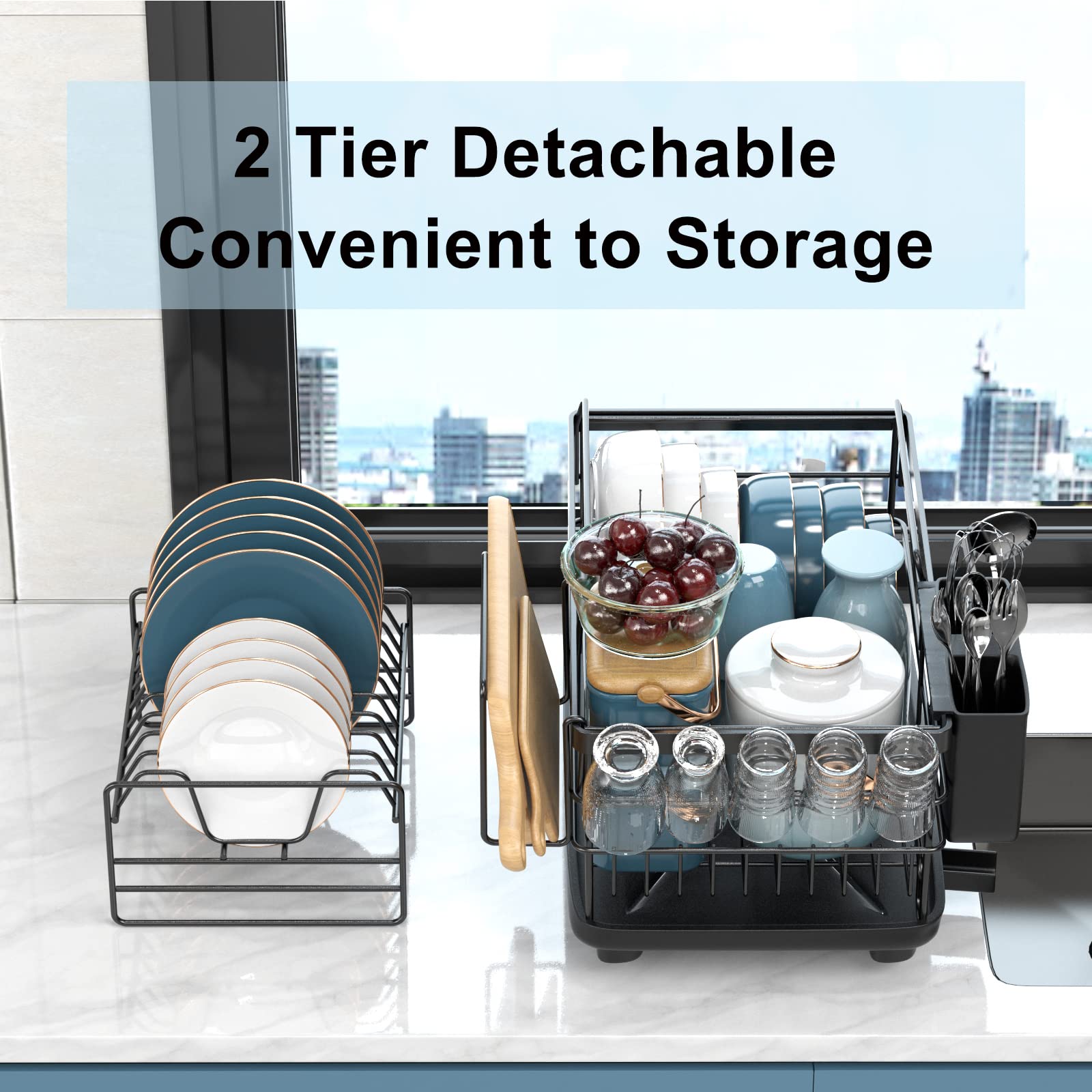 Aonee 2 Tier Dish Drying Rack With Drainboard, Cutlery Holder, Cutting-Board/ Cup Holder And 3 Hooks For Kitchen Counter, Rust-P