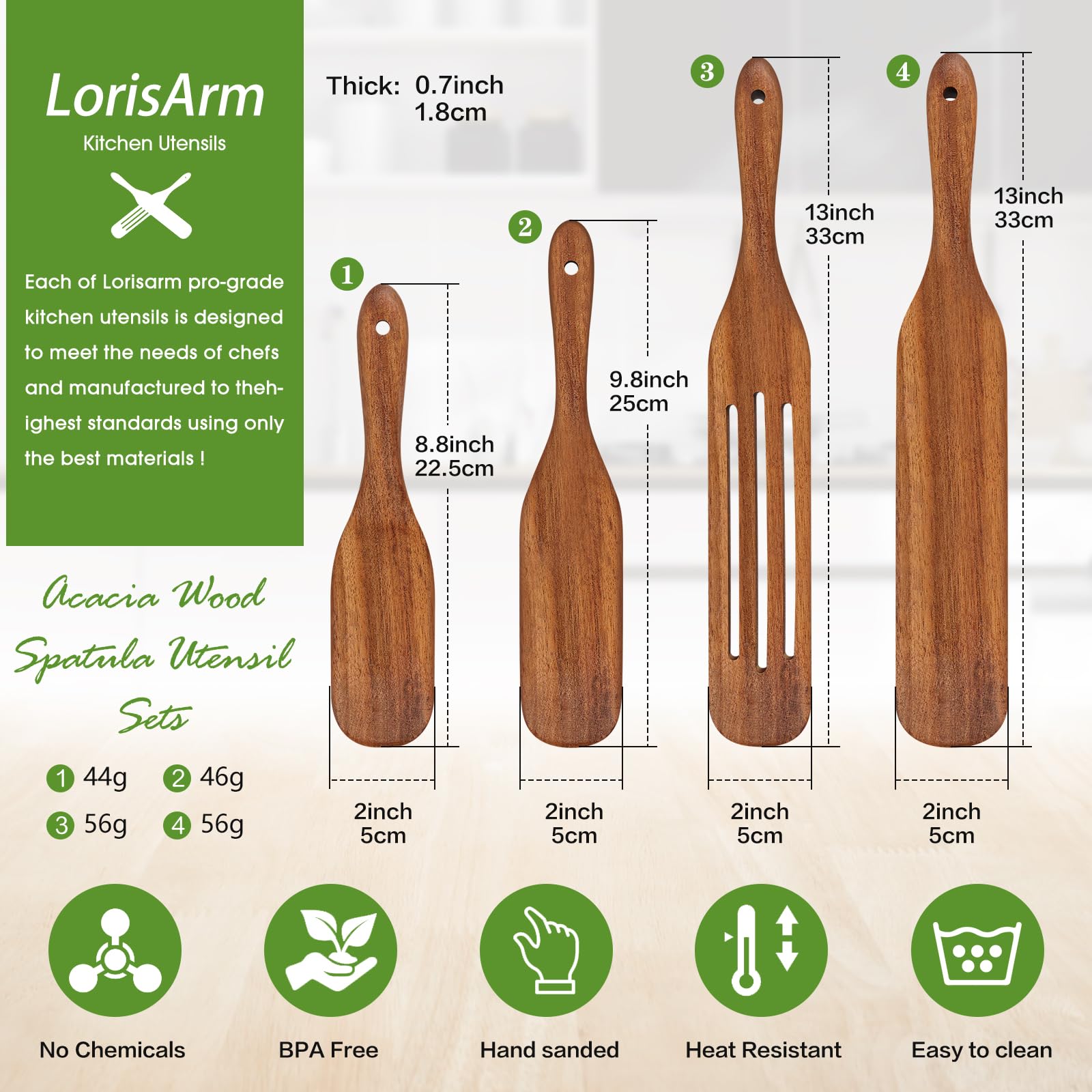 LorisArm Acacia Wood Spatula Set - 4-Pack Kitchen Utensils, 14-inch Turner, Durable Cooking Tool