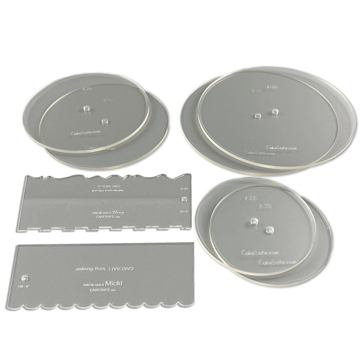 Cakesafe Essential Cake Decorating Acrylic Disk Kit - 3 Sets - Round 6.25'', 8.25'', 10.25'' Disk Sets (2 Disks Per Size), 2-8''