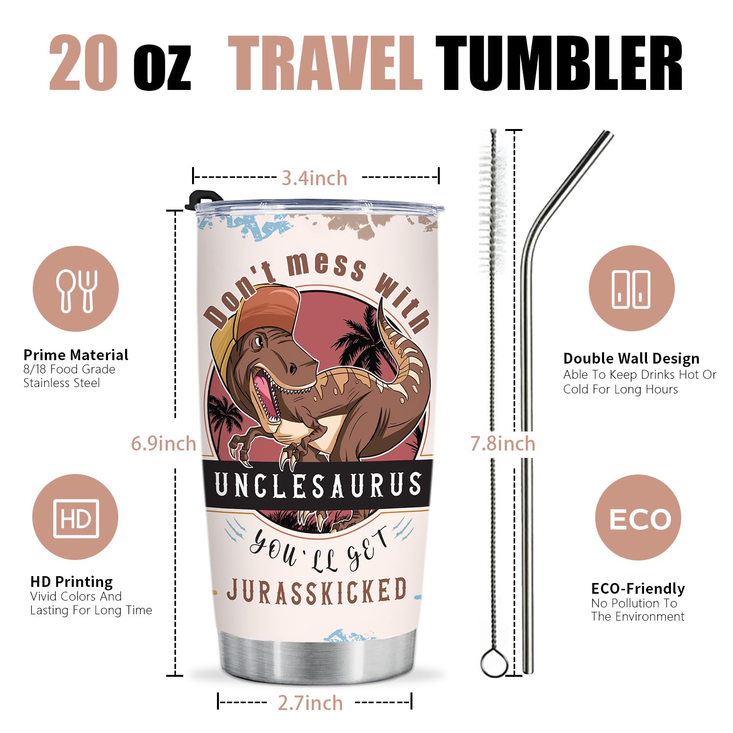 Uncle Tumbler Gifts For Fathers Day For Uncle Gift From Niece Uncle Gifts From Nephew - 20Oz Funny Tumbler Dinosaur Cup - Unique