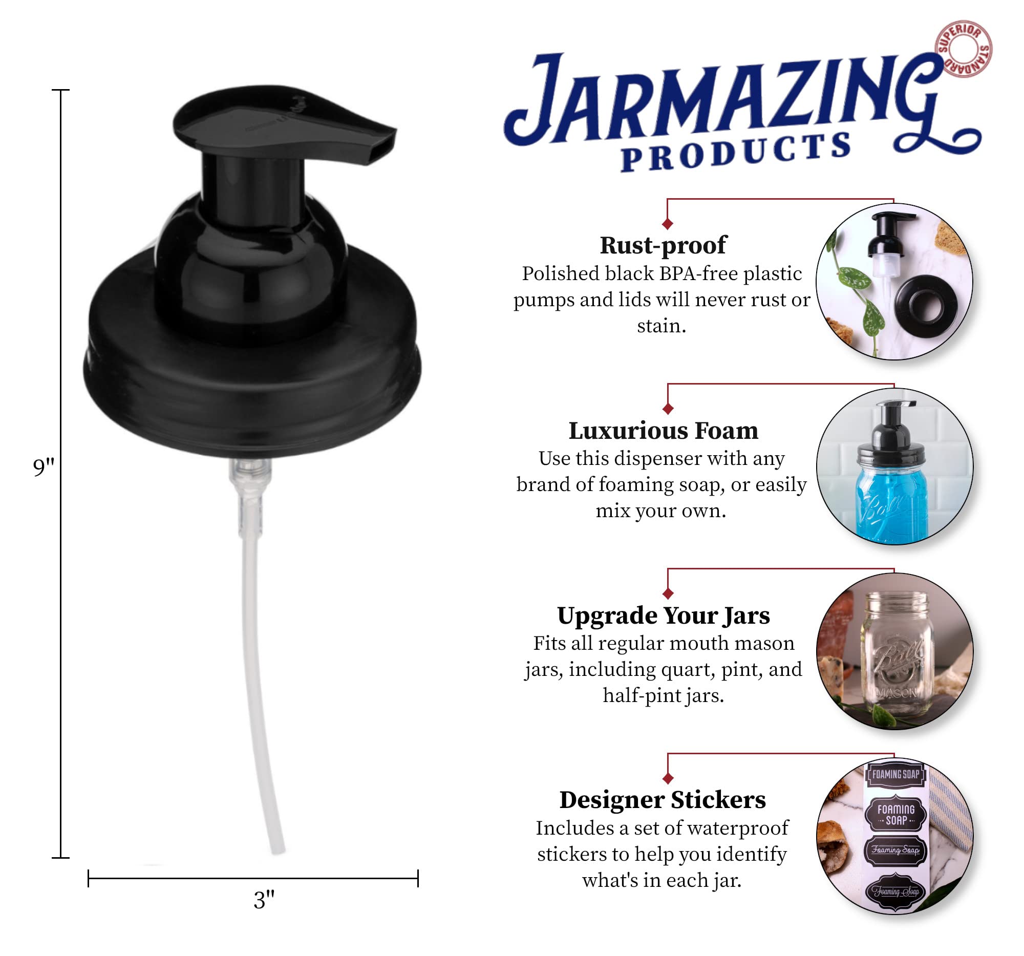 Jarmazing Products Mason Jar Foaming Soap Dispenser Lids - Includes Waterproof Stickers! Black - 1 Pack