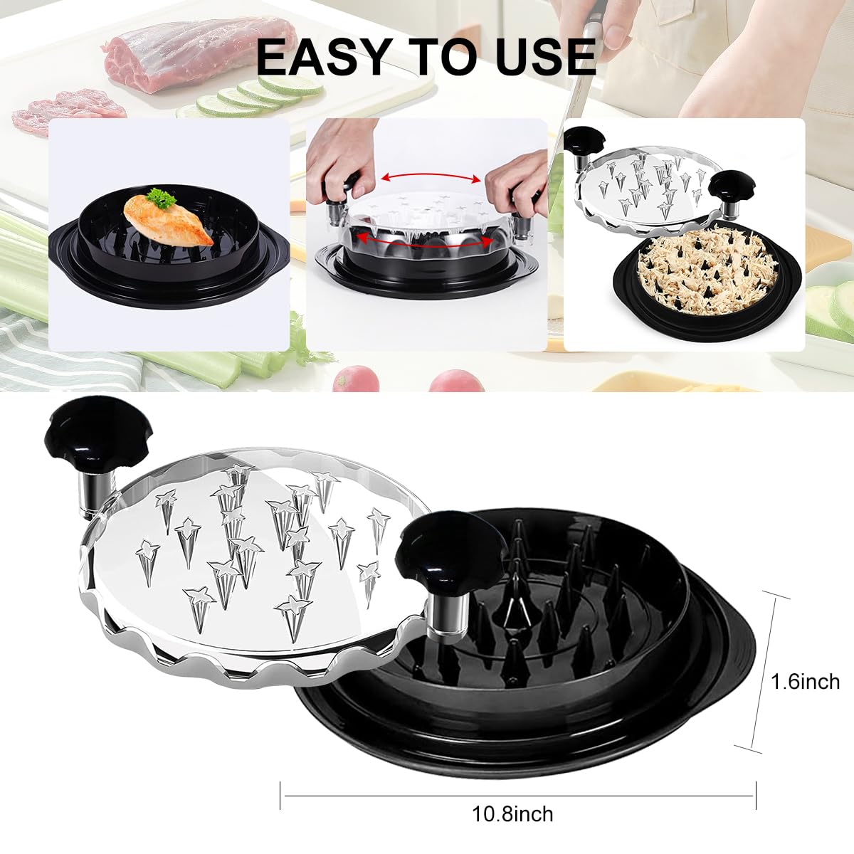 Vitoler Chicken Shredder Tool, 10.8" Ergonomic Black Meat Grinder with Transparent Lid, Model VITO887-BUS