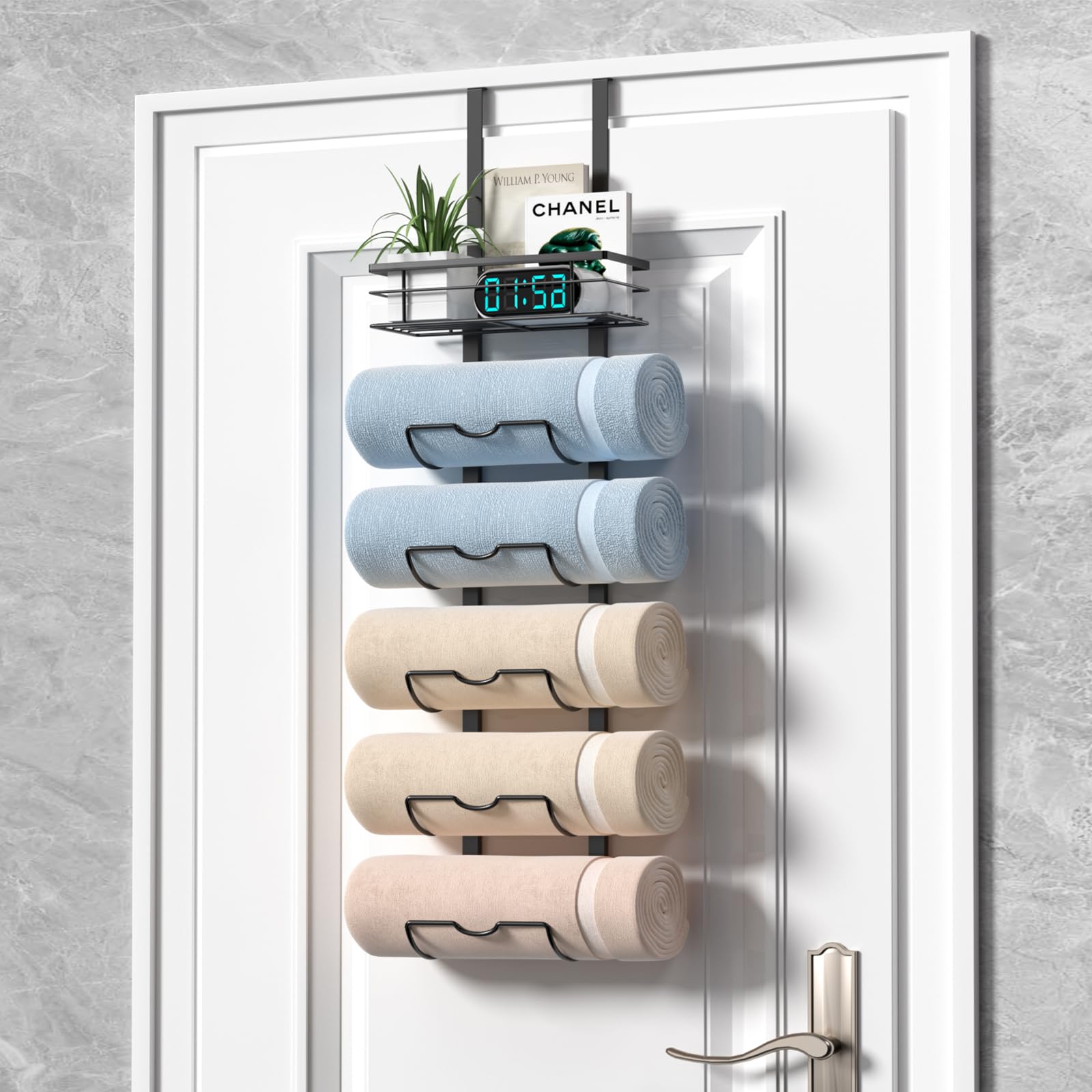 Xstydes 6-Tier Over The Door Towel Rack,Towel Racks For Bathroom, Metal Towel Holder With Storage Basket,Towel Storage For Small