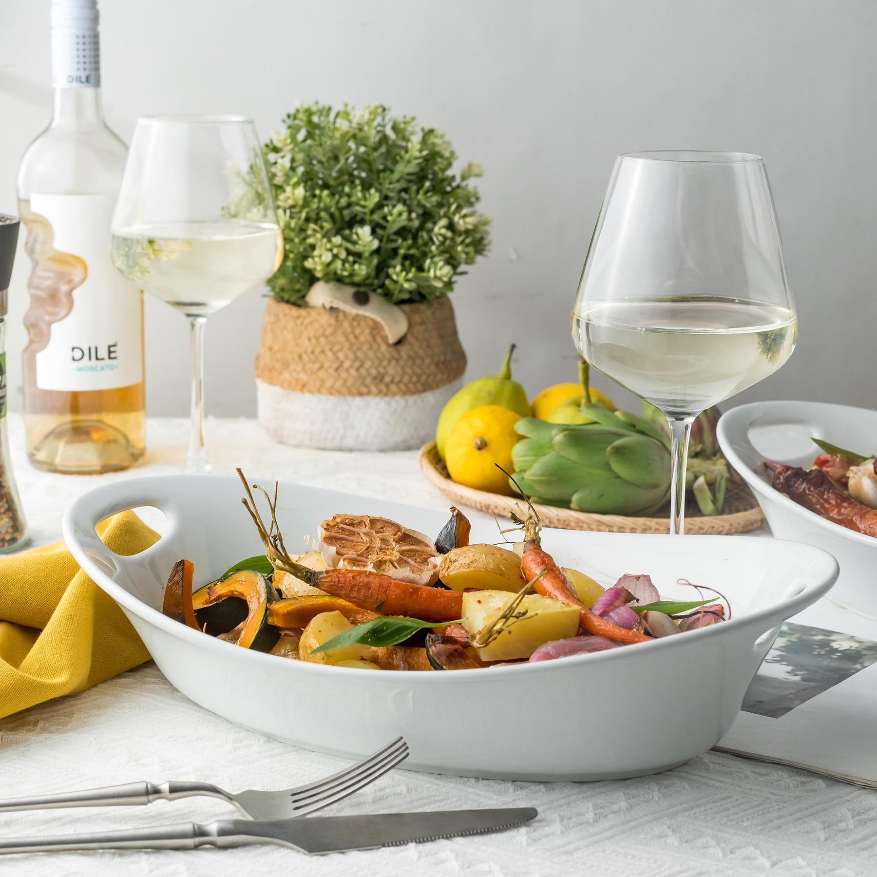 YHOSSEUN Large Ceramic Serving Bowl Set of 2, 1.5 Quart Oval Platter, White, Ideal for Thanksgiving and Entertaining