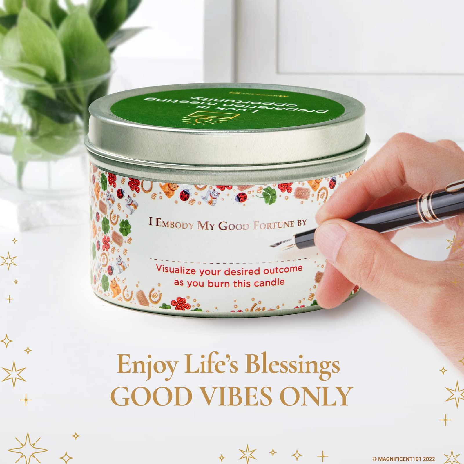MAGNIFICENT 101 Good Vibes Aromatherapy Candle as Blessings Magnet - Sage, Bergamot, Sandalwood Scented Natural Soybean Wax Tin