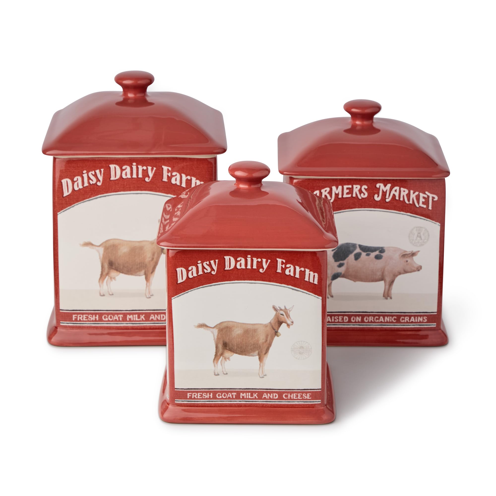 Vintage Farm Square Canister Set, 3-Piece, Includes 52 oz, 72 oz & 90 oz Sizes, Farmers Market Design with Farm Animals, Durable