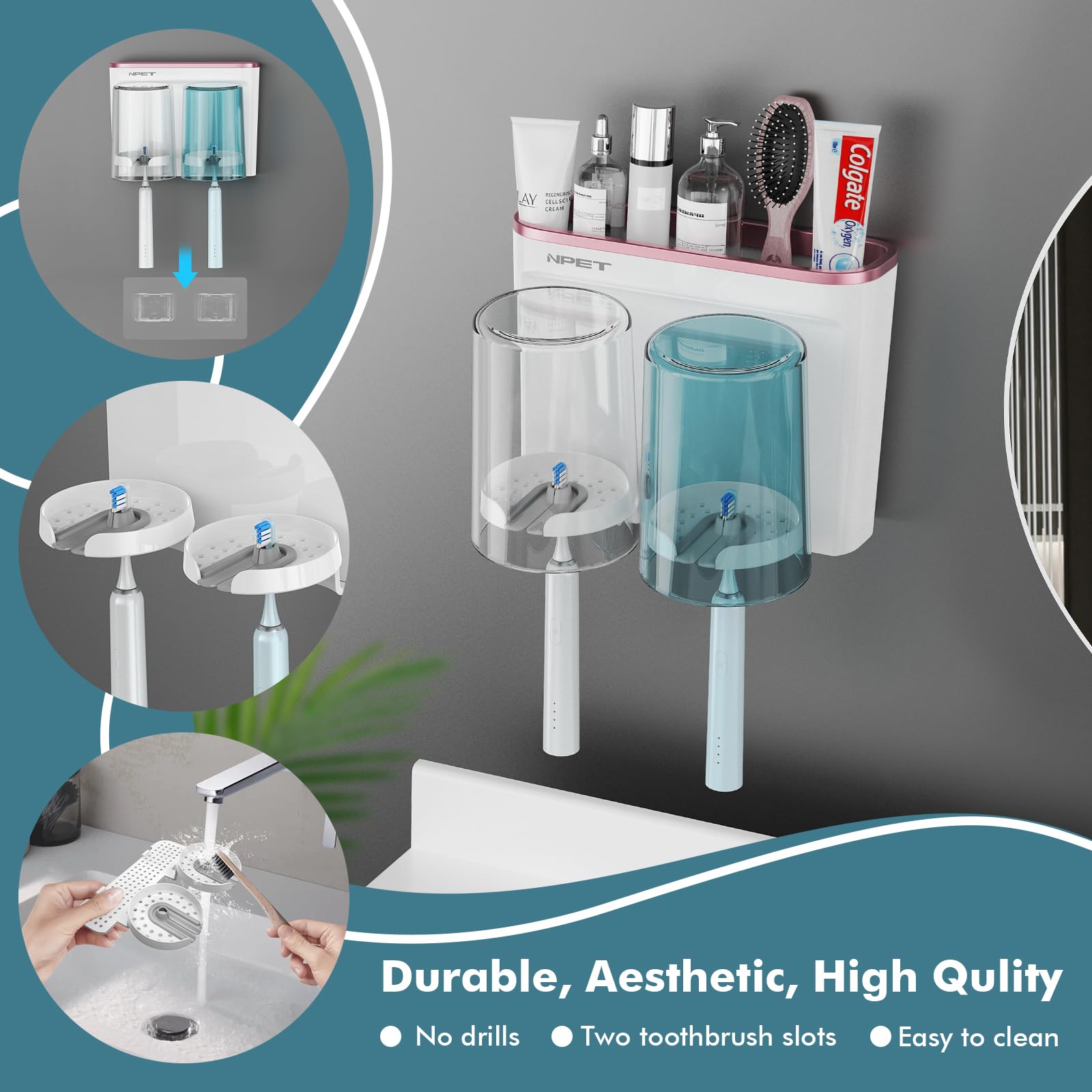 Npet Toothbrush Holder For Bathroom Accessories,2 Cups Toothbrush Holder Wall Mounted, Multi-Functional Toothbrush Holder Set Wi