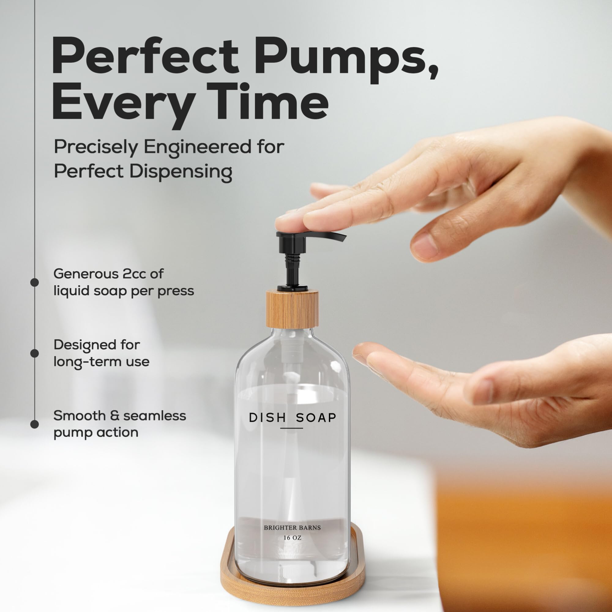 Clear Glass Dish Soap Dispenser For Kitchen Sink By Brighter Barns - Kitchen Soap Dispenser Set With Bamboo Tray - Modern Kitche