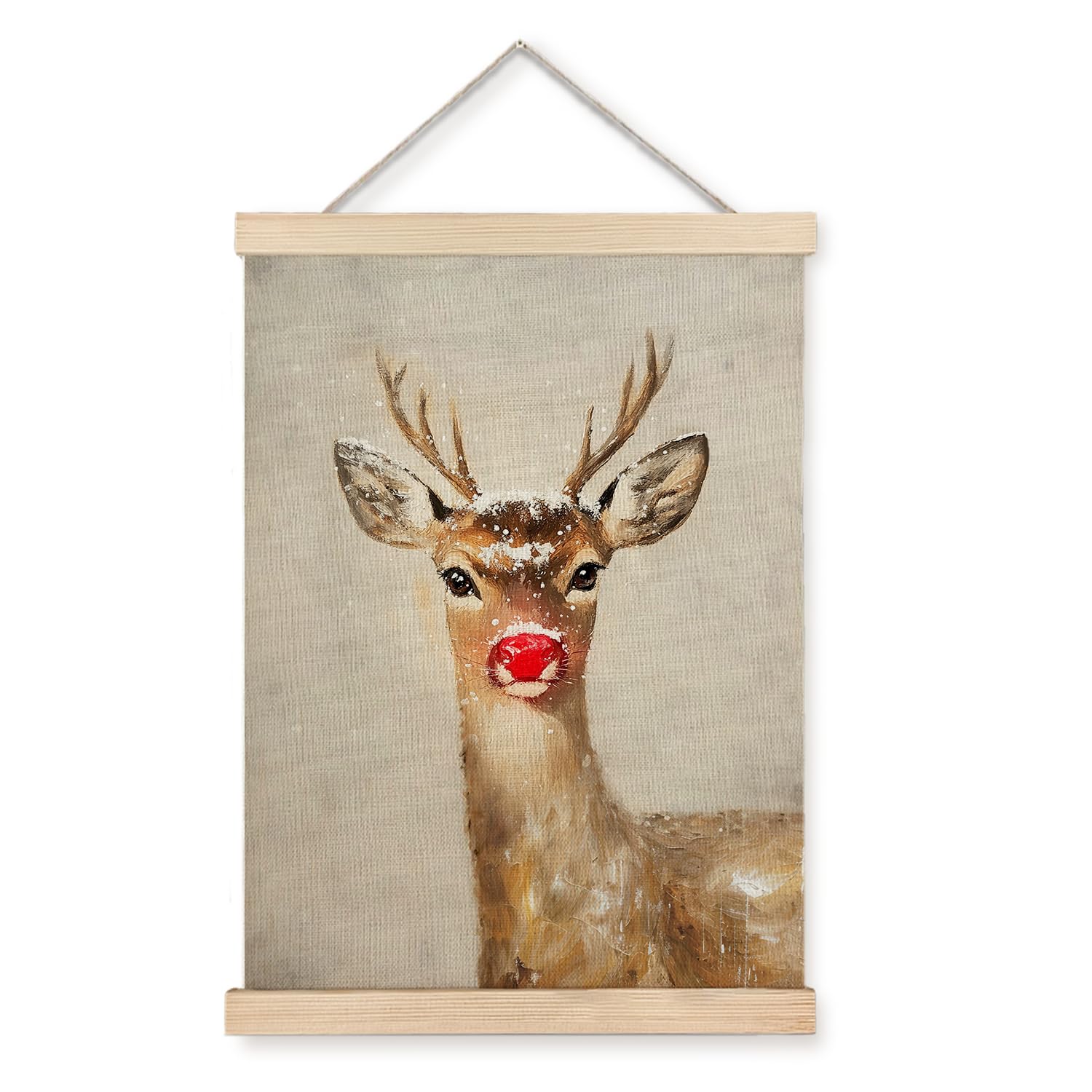 Luvadian Christmas Wall Decor, Winter Christmas Red Nose Reindeer Wall Art With Wooden Poster Hanger, Winter Wall Decor, Christm