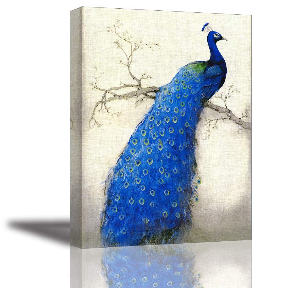 Peacock Wall Art Decor For Bedroom, Piy Beautiful Oil Painting Canvas Prints, Elegant Proud Peacock On Beige Pictures (Waterproo