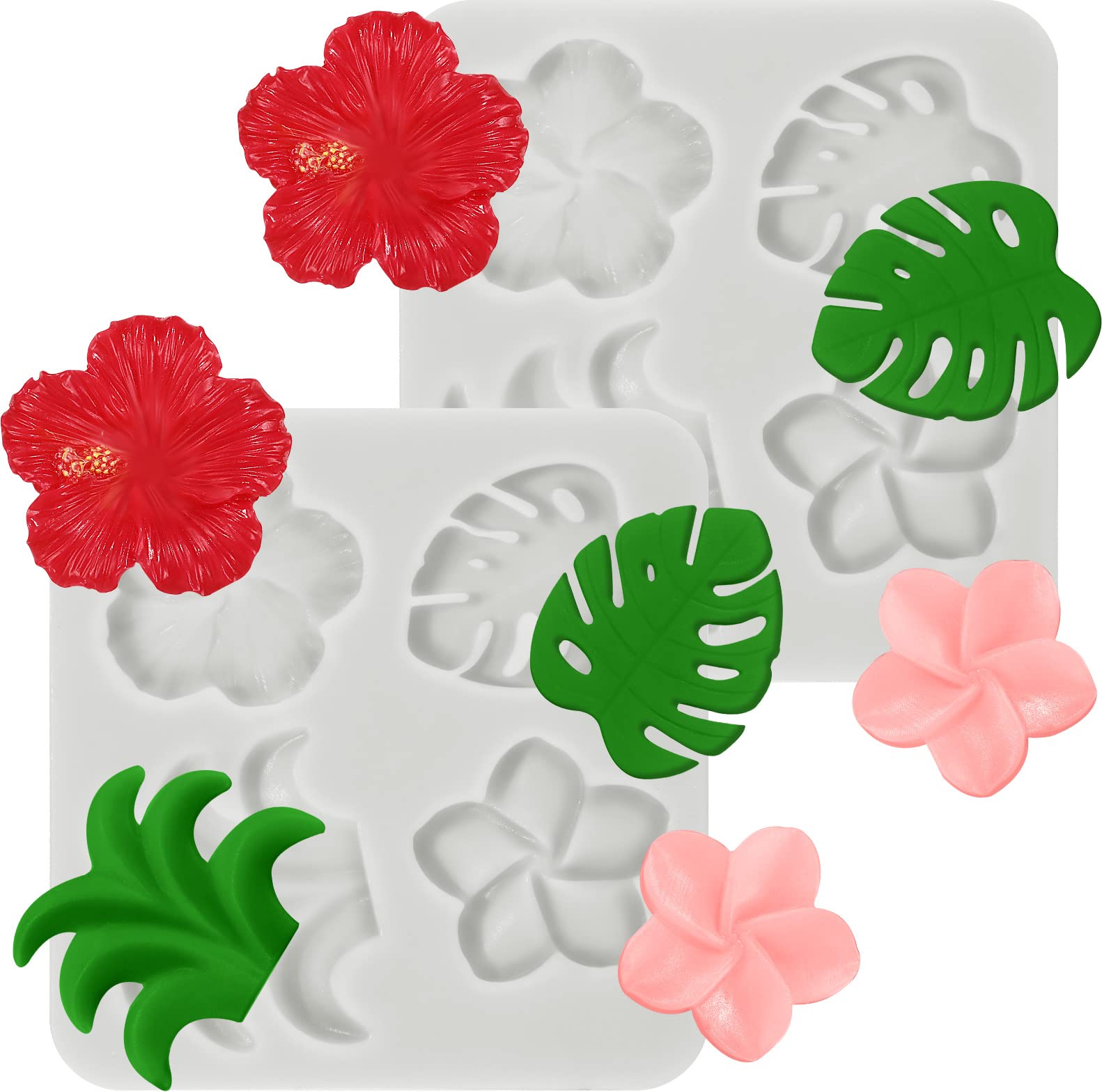 2 Pieces Tropical Flowers Leaves Silicone Mold Plumeria Hibiscus Flower Monstera Leafage Fondant Molds For Diy Chocolate Candy P