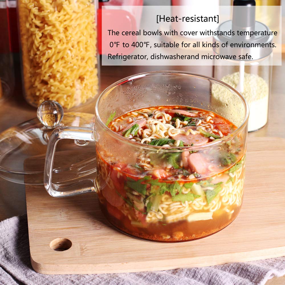 Mini Sized Glass Bowl With Lid And Handle, 44 Fl Oz/1.4L For Noodles, Pasta, Soup, Cereals, Fruits, Bpa Free, Microwave Dishwash