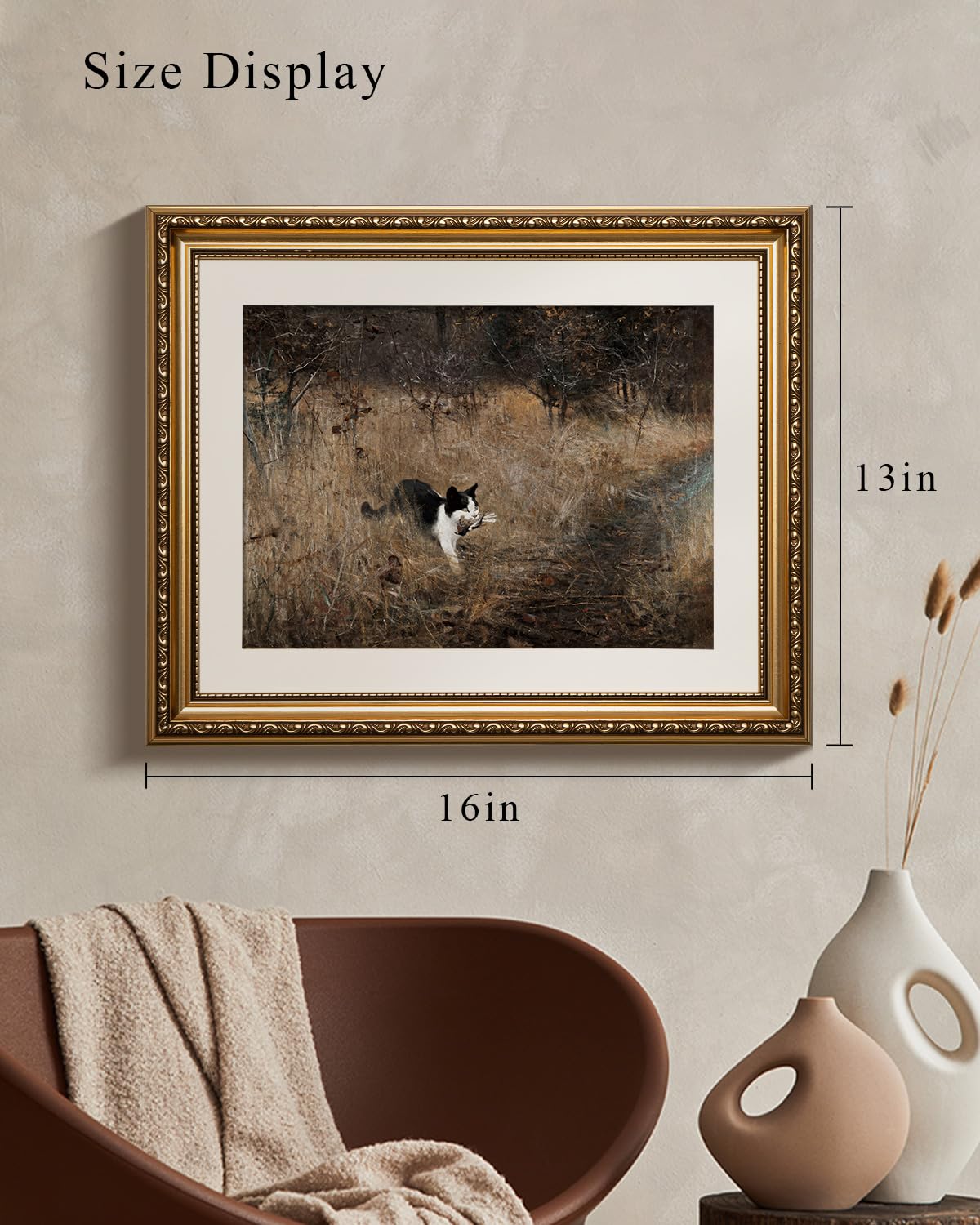 Viyyiea Gold Framed Wall Art Canvas Print Home Decor Cat Walll Art Funny Bathroom Decor Black Cat Holding A Bird Prints Artwork