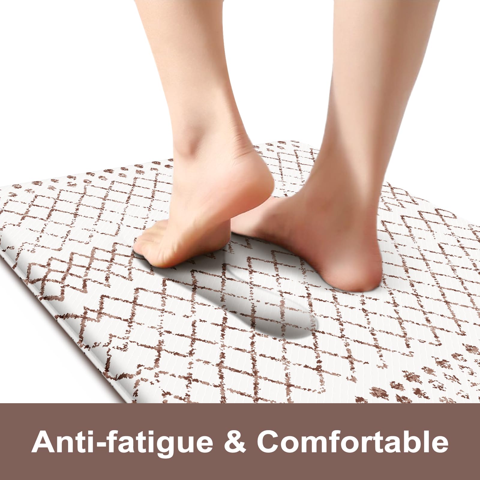 KIMODE Anti Fatigue Kitchen Mats 2PCS, Cushioned PVC Rugs 17"x59" + 17"x29", Non-Slip Waterproof, Brown and White