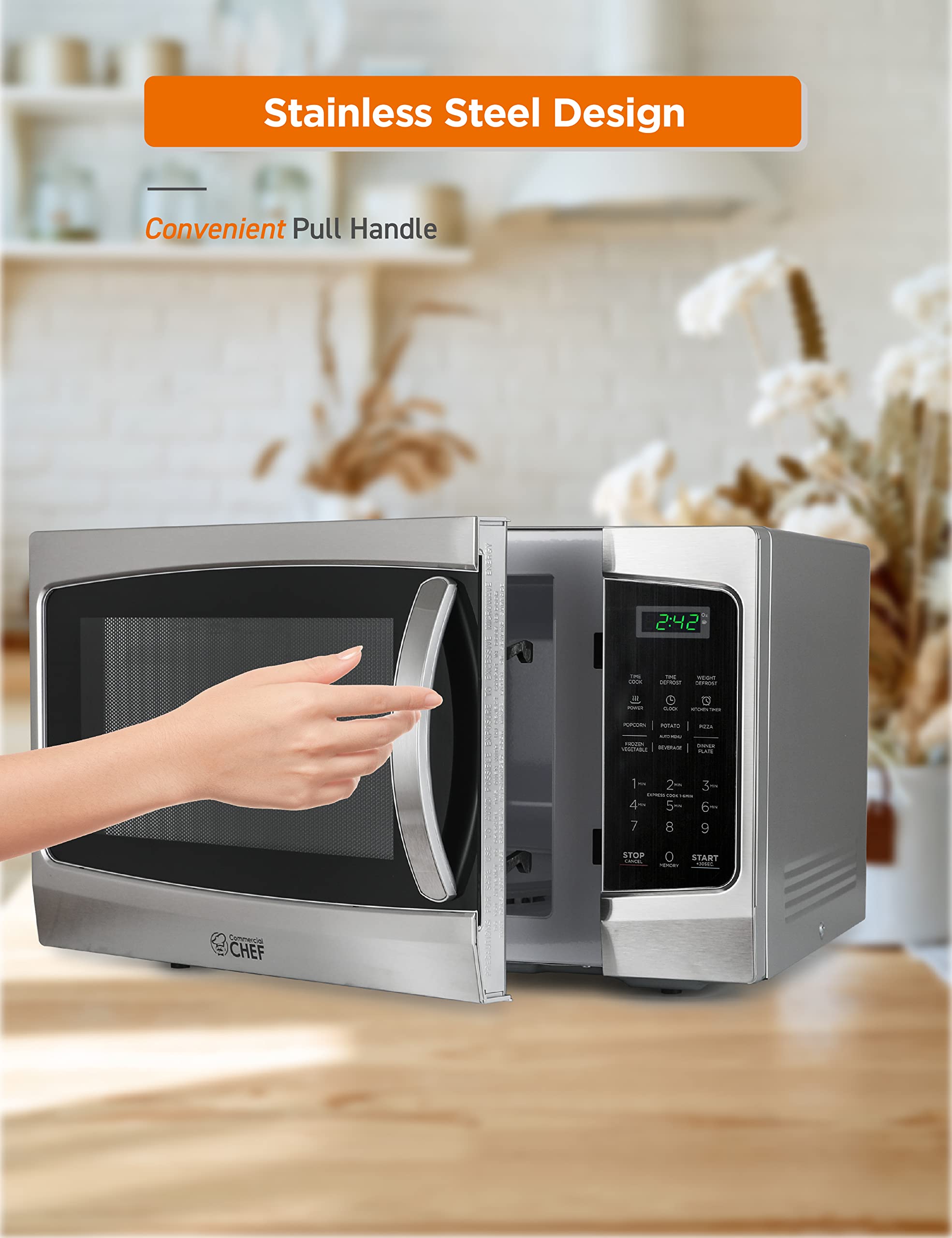 Commercial Chef Small Microwave 13 Cu Ft Countertop Microwave With Digital Display, Stainless Steel Microwave & 10 Power Levels,