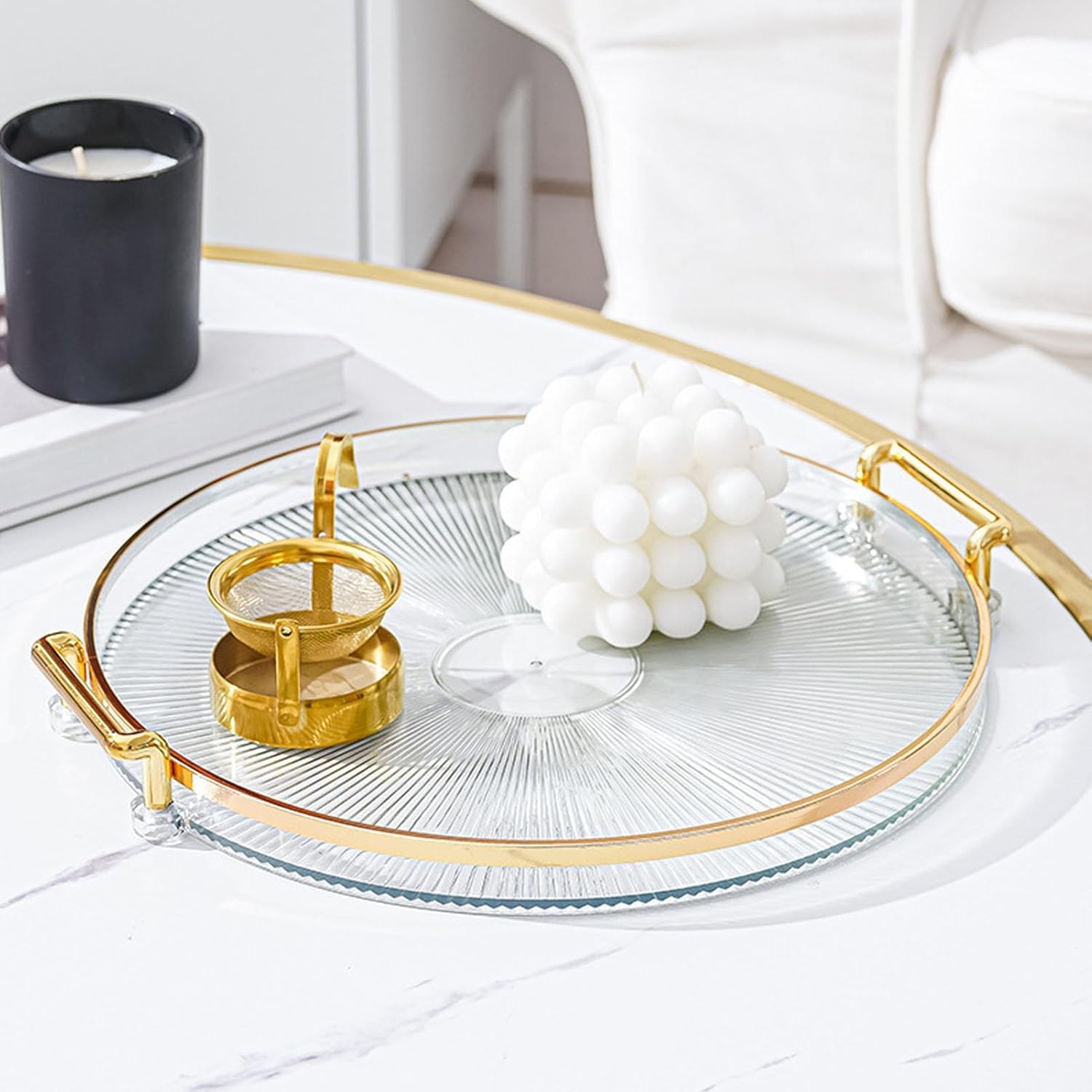 Krlz Round Serving Tray, Elegant Gold, Convenient Double Handles, Decorative Ps Storage Tray For Living Room, Bathroom, Kitchen 