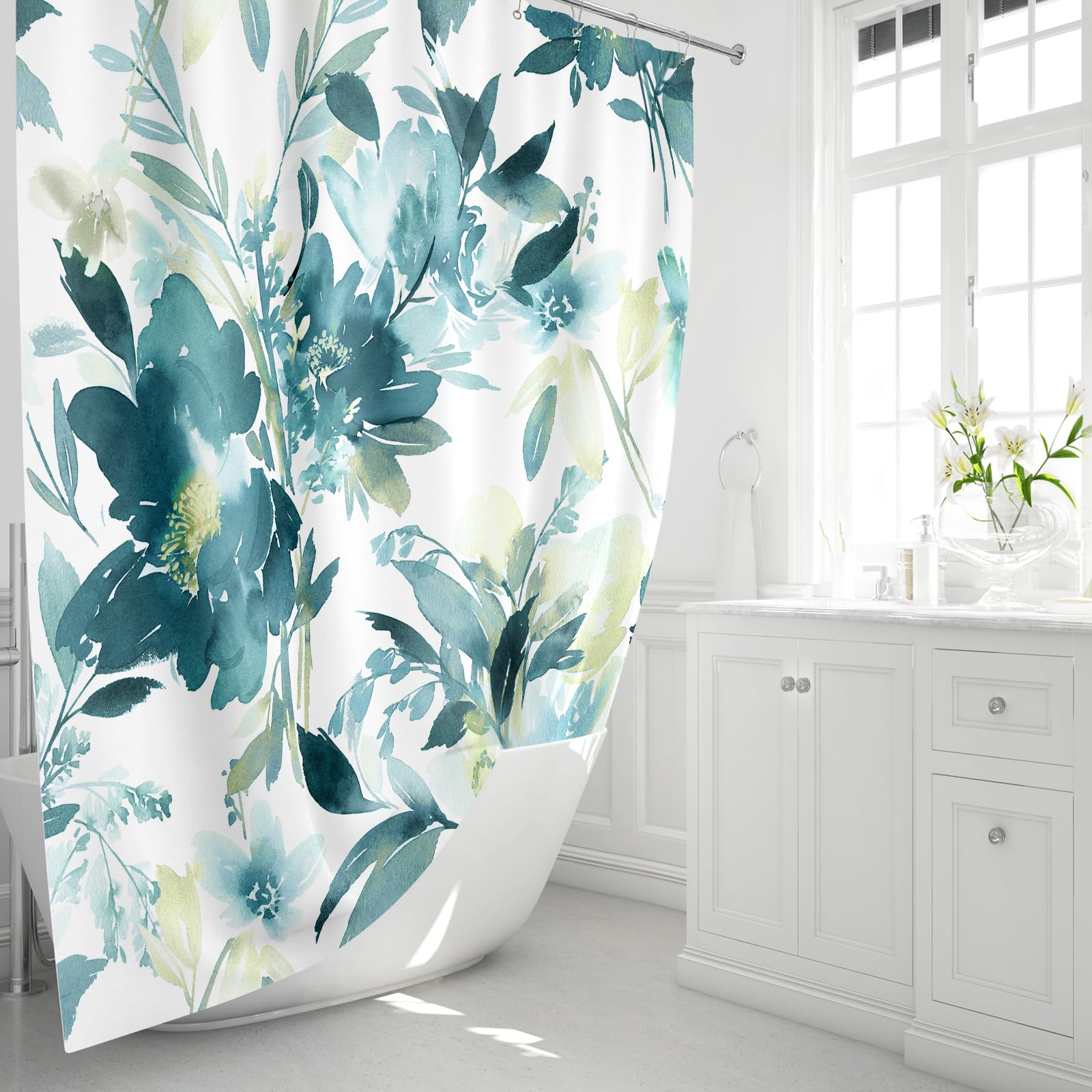 Mayzus Teal Blue Shower Curtain, Watercolor Black Floral Shower Curtain For Bathroom, Modern Abstract Flower Decorative Fabric S