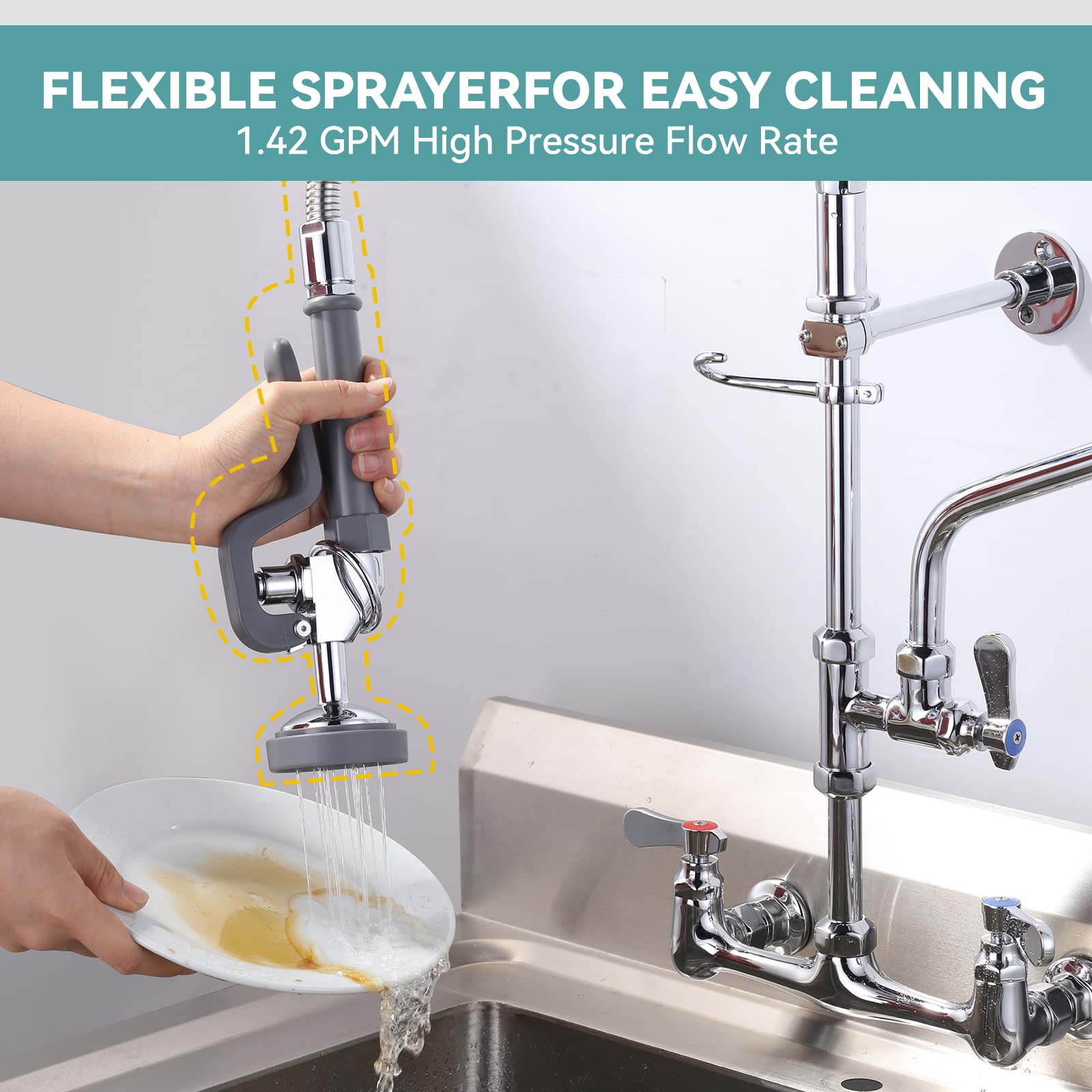Iviga Pre Rinse Sprayer With Gray Handle Rubber Nozzles, 1.42 Gpm High Pressure Pull Down Spray Head, 7/8-20Unef Connector Handh