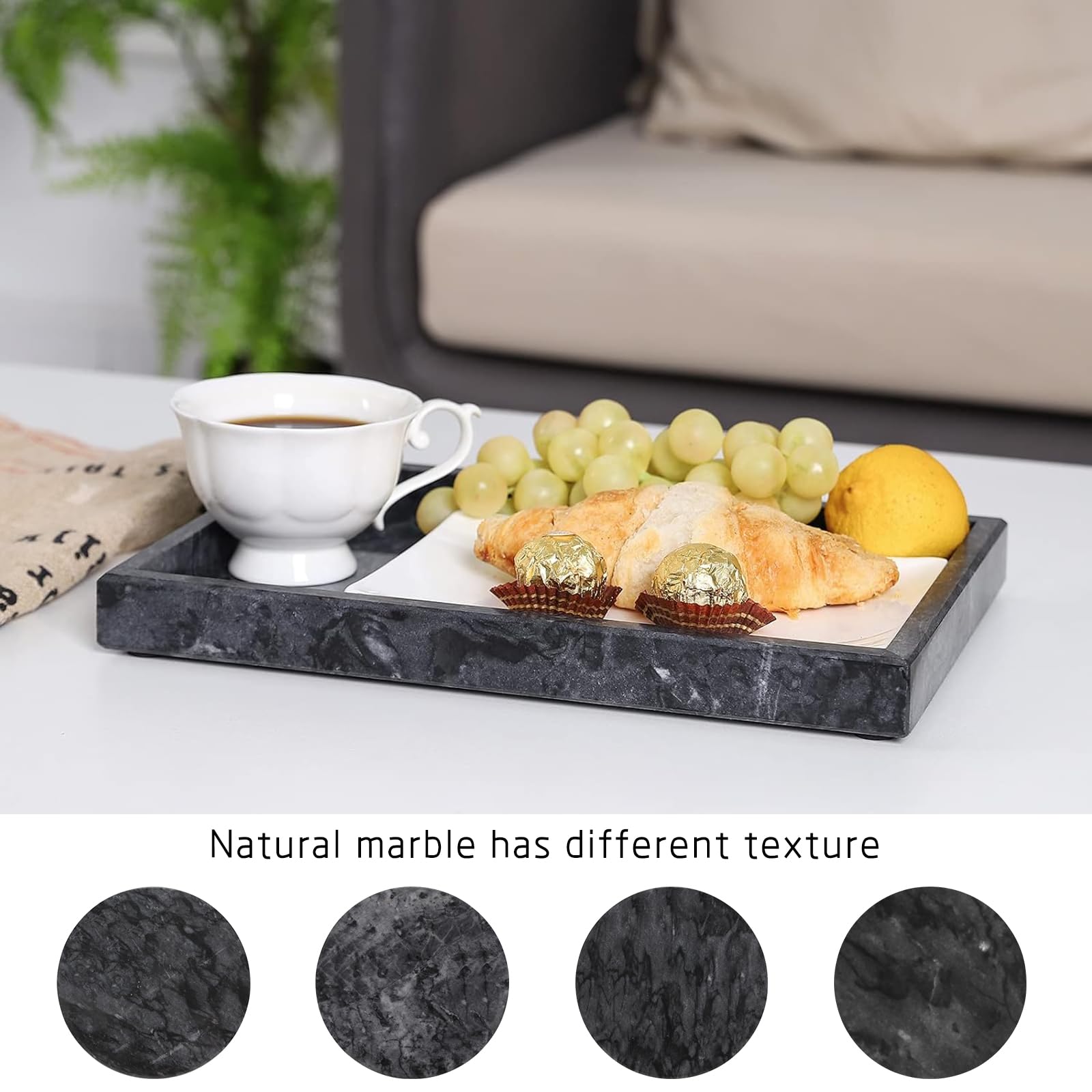 Heshibi Marble Tray, Natural Black Marble Vanity Home Kitchen Bathroom Table Deco Tray, Stone Decorative Countertop Serving Tray