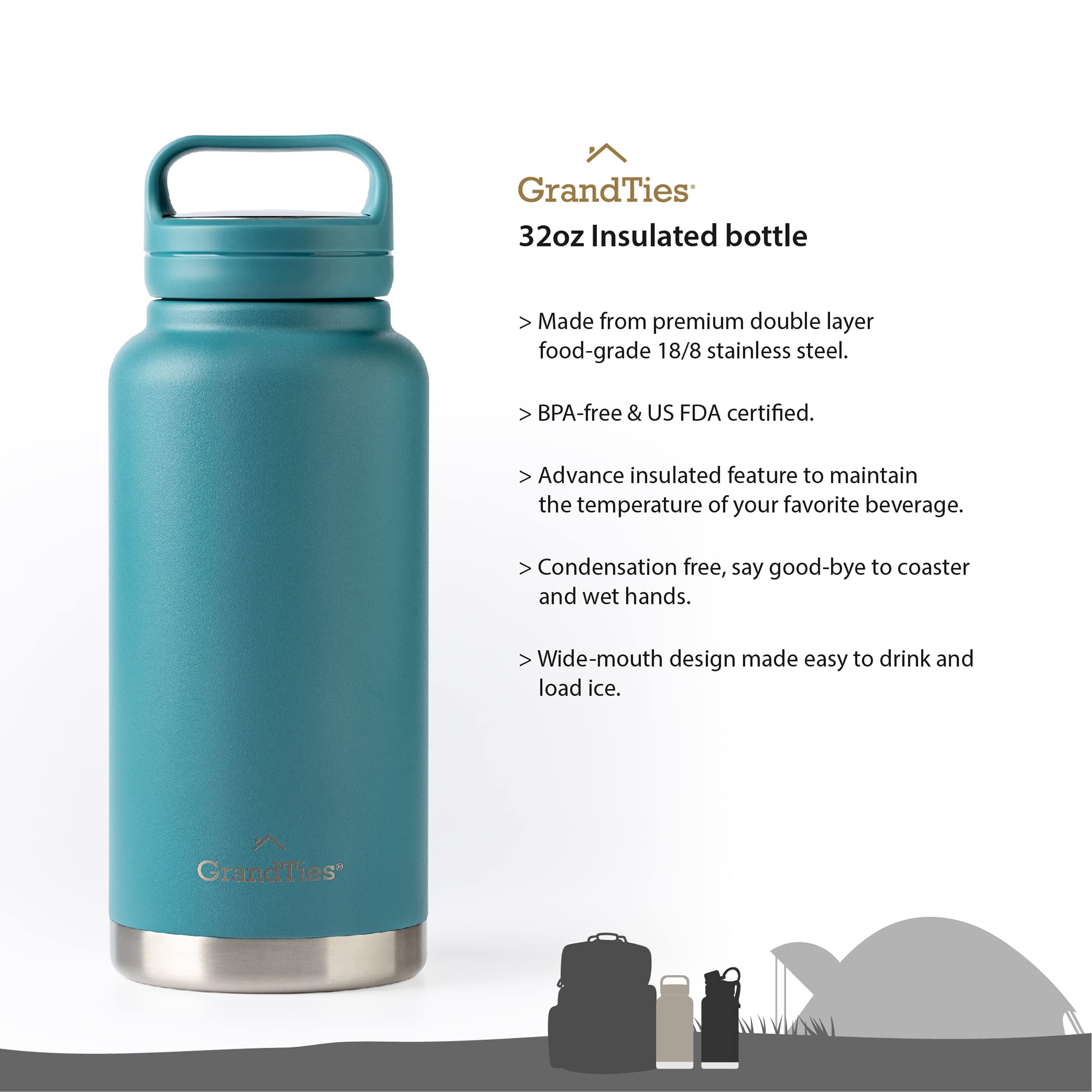 GrandTies 2 Lids Sports Stainless Steel Water Bottle- 32oz  Reusable Wide Mouth Vacuum Insulated Water Bottles  Travel Metal Canteen  Coldest Water bottle for Men and Women-Atlantis Blue
