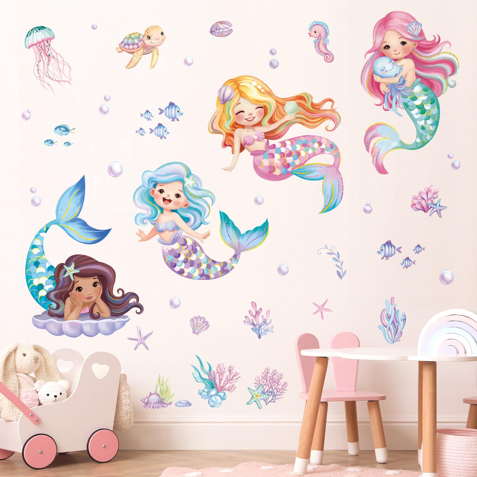 Decalmile Under The Sea Mermaid Wall Decals Ocean Fish Starfish Turtle Wall Stickers Baby Nursery Girls Bedroom Bathroom Wall De